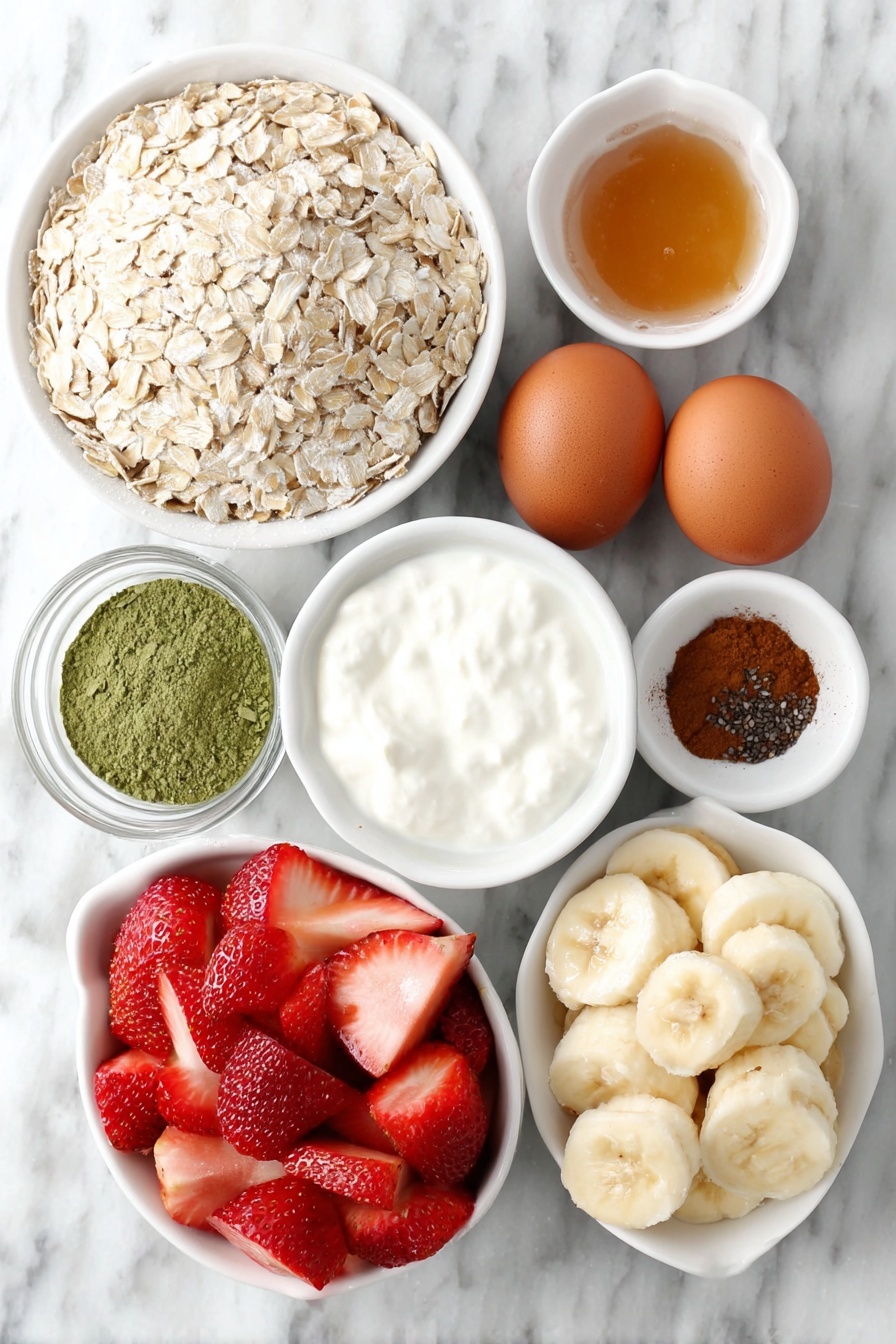 Vanilla Matcha Overnight Oats Recipe 7 Flat lay of a small pile of old fashioned rolled oatmeal flakes, a small white bowl filled with vibrant green matcha powder, a few tablespoons of tiny black chia seeds in a white ceramic bowl, a small white bowl with a light dusting of warm brown cinnamon powder, a small white bowl holding a clear pale vanilla extract liquid, a small white bowl filled with smooth creamy white unsweetened vanilla almond milk, fresh whole uncracked brown eggs placed beside, a small white bowl of creamy plain yogurt, a handful of fresh bright red sliced strawberries arranged neatly, and a few slices of ripe yellow banana arranged in a simple pattern, all ingredients placed in perfect symmetry on a clean white marble surface, soft natural light, photo taken with an iPhone, professional food photography style, fresh ingredients, white ceramic bowls, no bottles, no duplicates, no utensils, no packaging --ar 2:3 --v 7 --p m7354615311229779997 - Vanilla Matcha Overnight Oats, healthy matcha overnight oats, easy breakfast overnight oats, nutritious vanilla overnight oats, vegan overnight oats with matcha