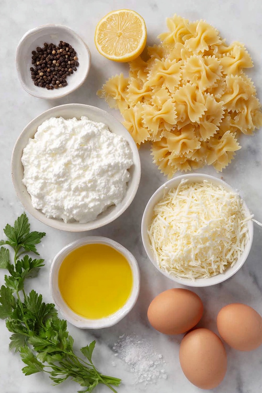 Creamy Lemon Ricotta Pasta Recipe 7 Flat lay of a small heap of uncooked farfalle pasta, a few whole brown eggs with clean shells, a small white ceramic bowl of soft whole fat ricotta cheese, a small white bowl with finely shredded Parmigiano Reggiano cheese, a small white bowl with bright yellow melted browned butter, a small white bowl of golden extra-virgin olive oil, one large organic lemon cut in half showing fresh pulp and a wedge with bright zest visible, scattered fresh green Italian parsley sprigs, and a few whole black peppercorns and coarse sea salt crystals arranged symmetrically, all placed on a clean white marble surface, soft natural light, photo taken with an iPhone, professional food photography style, fresh ingredients, white ceramic bowls, no bottles, no duplicates, no utensils, no packaging --ar 2:3 --v 7 --p m7354615311229779997 - Creamy Lemon Ricotta Pasta, lemon ricotta pasta recipe, quick pasta with ricotta and lemon, easy lemon pasta, bright creamy pasta dish