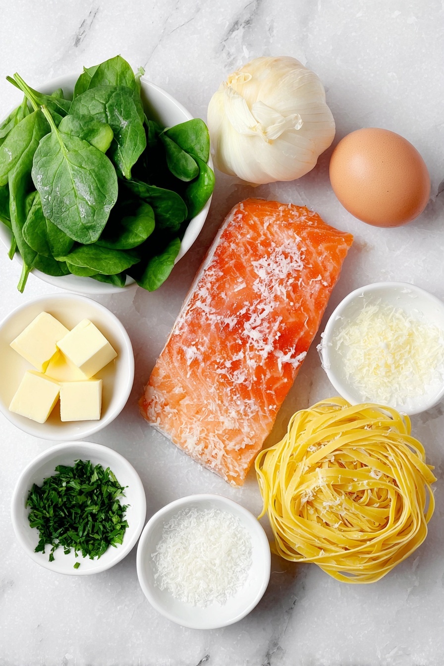 Creamy Salmon Pasta with Greens Recipe 7 Flat lay of fresh tagliatelle pasta nests, a raw salmon fillet skin removed, a small peeled shallot, a whole uncracked brown egg, a peeled garlic clove, a few bright green mixed greens including spinach and arugula, a small white ceramic bowl with pale yellow butter cubes, a small white ceramic bowl with heavy cream, a small white ceramic bowl with dry white wine, a small white ceramic bowl holding fresh lemon zest and a lemon half showing juicy pulp, salt crystals sprinkled neatly beside fresh chopped parsley sprigs placed symmetrically, all ingredients arranged in perfect balance on simple white ceramic dishes, placed on a clean white marble surface, soft natural light, photo taken with an iPhone, professional food photography style, fresh ingredients, white ceramic bowls, no bottles, no duplicates, no utensils, no packaging --ar 2:3 --v 7 --p m7354615311229779997 - Creamy Salmon Pasta with Greens, salmon pasta recipes, easy salmon pasta, healthy salmon pasta, quick seafood pasta