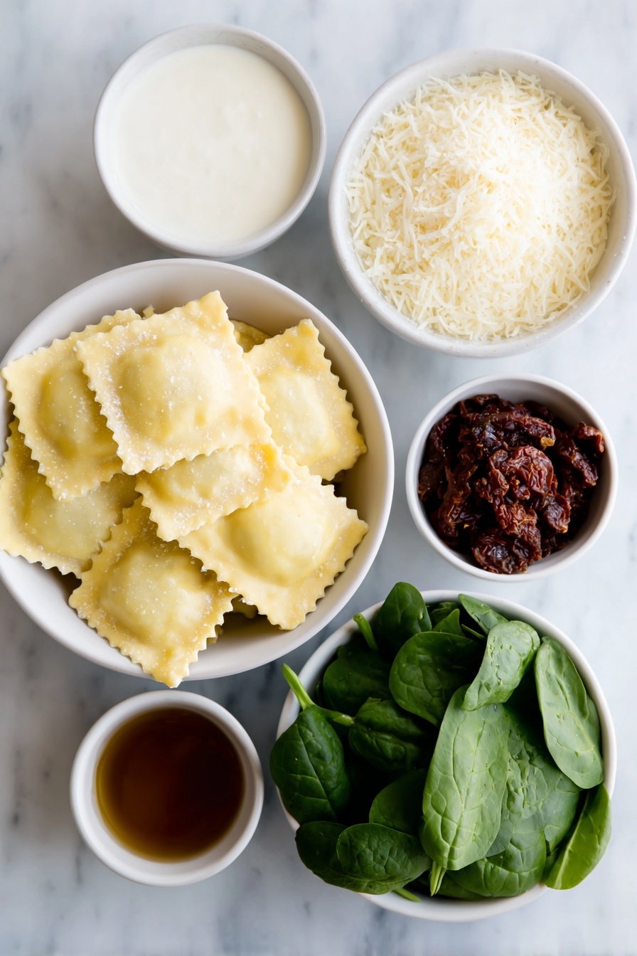 Creamy Tuscan Garlic Ravioli Recipe 7 Flat lay of fresh refrigerated ravioli arranged neatly, a small white bowl of heavy cream, a small white bowl of chicken broth, a small white bowl containing garlic powder, a small white bowl with Italian seasoning, a small white bowl filled with grated parmesan cheese, a small white bowl of chopped fresh spinach leaves, and a small white bowl of moist sun-dried tomatoes, all placed on a clean white marble surface, soft natural light, photo taken with an iPhone, professional food photography style, fresh ingredients, white ceramic bowls, no bottles, no duplicates, no utensils, no packaging --ar 2:3 --v 7 --p m7354615311229779997 - Creamy Tuscan Garlic Ravioli, quick Italian pasta dinner, garlic cream sauce recipes, sun-dried tomato ravioli, easy weeknight pasta