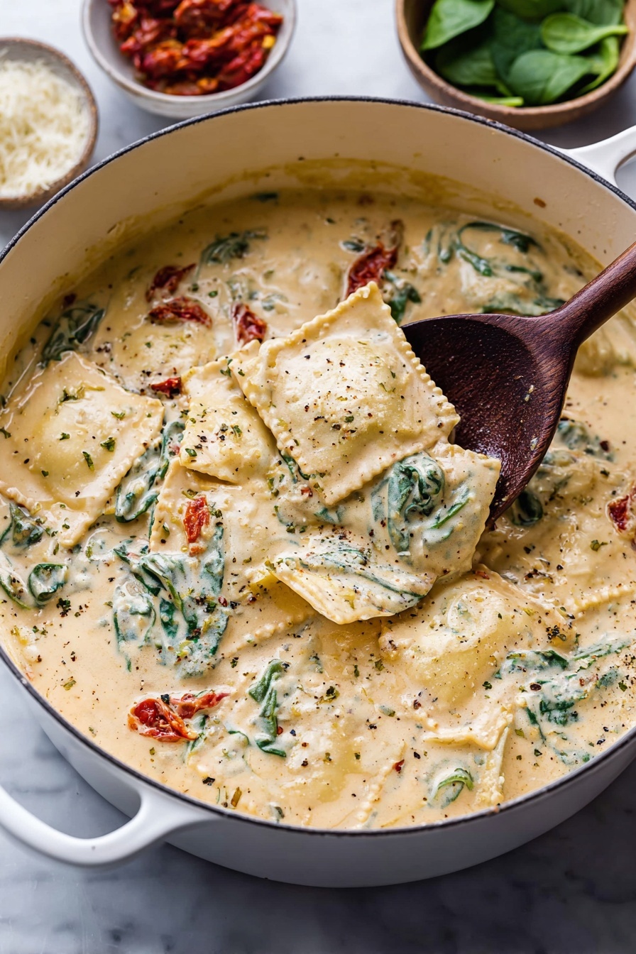 Creamy Tuscan Garlic Ravioli Recipe 8 The image shows a white pot filled with creamy sauce that has a thick texture, mixed with square ravioli pieces that are pale yellow and soft. There are bright green spinach leaves and small red sun-dried tomato pieces scattered throughout the sauce, along with specks of black pepper and herbs evenly spread. A dark wooden spoon is lifting one ravioli piece in the middle of the pot, showing the cheesy filling inside. The pot is placed on a white marbled surface with two small bowls in the background, one containing fresh spinach leaves and the other sun-dried tomatoes. photo taken with an iphone --ar 2:3 --v 7 - Creamy Tuscan Garlic Ravioli, quick Italian pasta dinner, garlic cream sauce recipes, sun-dried tomato ravioli, easy weeknight pasta