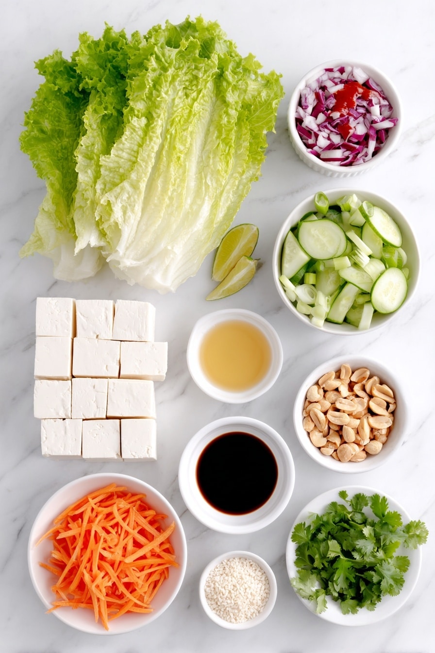Spicy Tofu Salad Bowls Recipe 7 Flat lay of a small block of firm tofu cut into bite-sized cubes, a small head of romaine lettuce roughly chopped, thinly sliced half English cucumber, shredded small head of red cabbage, sliced green onions, shredded half cup of carrots, a quarter cup of roasted peanuts, a few sprigs of chopped cilantro, a whole fresh lime cut into wedges, a small white ceramic bowl of bright red hot sauce, a small white ceramic bowl of clear golden oil, a small white ceramic bowl of rice vinegar, a small white ceramic bowl of dark tamari, a small white ceramic bowl of amber honey, a small white ceramic bowl of toasted sesame oil, a small white ceramic bowl of minced garlic, a small white ceramic bowl of minced ginger, a small white ceramic bowl of white sesame seeds, all arranged with perfect symmetry on a clean white marble surface, soft natural light, photo taken with an iPhone, professional food photography style, fresh ingredients, white ceramic bowls, no bottles, no duplicates, no utensils, no packaging --ar 2:3 --v 7 --p m7354615311229779997 - Spicy Tofu Salad Bowls, healthy tofu salads, quick vegan salads, spicy vegetarian bowls, easy tofu salad recipes