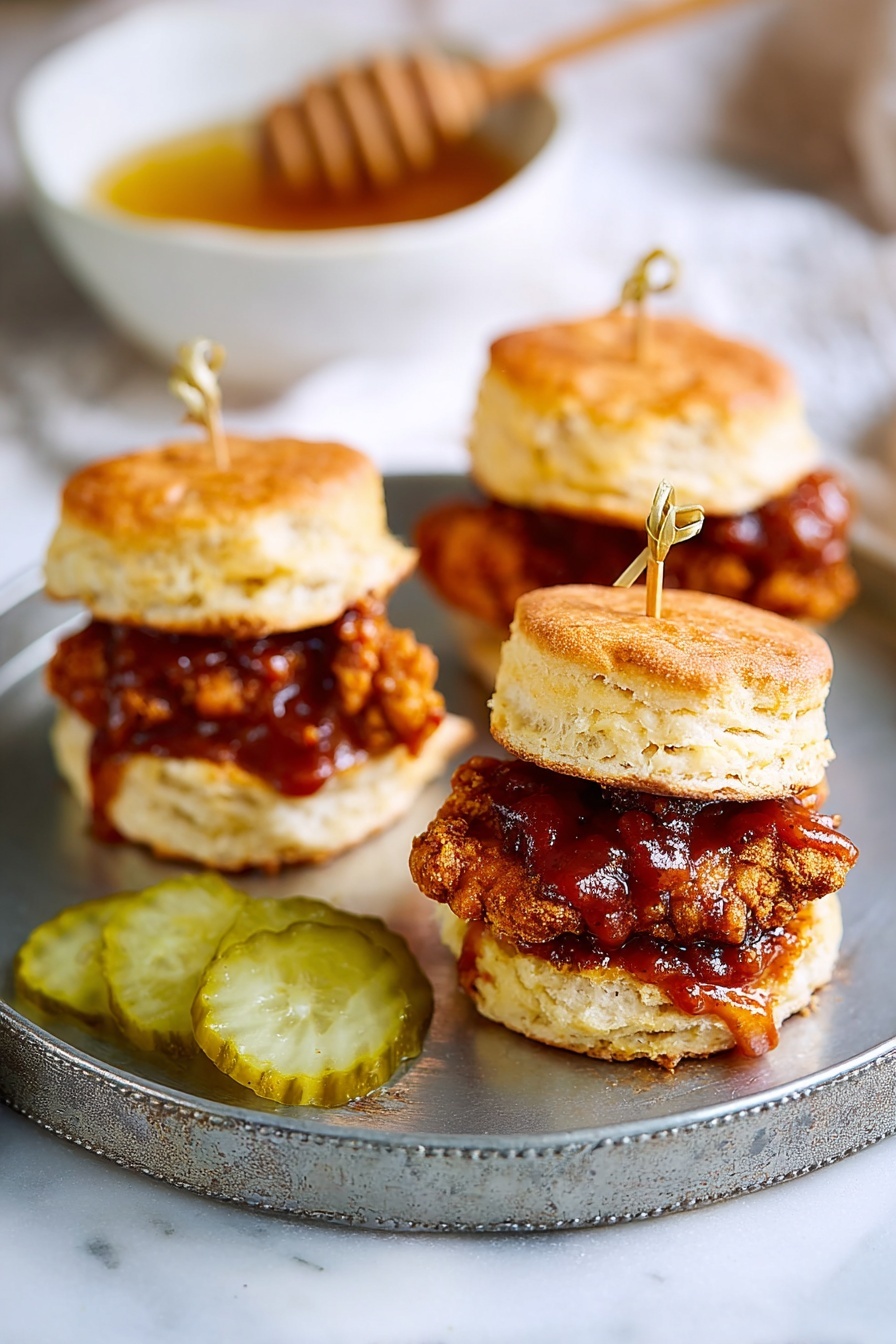 Hot Honey Chicken Biscuits Recipe 6 The image shows three small sandwiches on a round silver metal plate placed on a white marbled surface. Each sandwich has two layers of golden-brown biscuits with a crispy fried chicken piece in the middle, covered in a shiny, sticky reddish-brown sauce. The top biscuit layer is held in place with a thin wooden pick tied in a loop at the top. There are also two thick pickle slices on the plate beside the sandwiches. In the blurry background, a white bowl filled with golden sauce and a wooden honey dipper can be seen. Photo taken with an iphone --ar 2:3 --v 7 - Hot Honey Chicken Biscuits, spicy honey fried chicken sandwiches, homemade chicken biscuits, easy Southern chicken biscuits, hot honey biscuit recipe