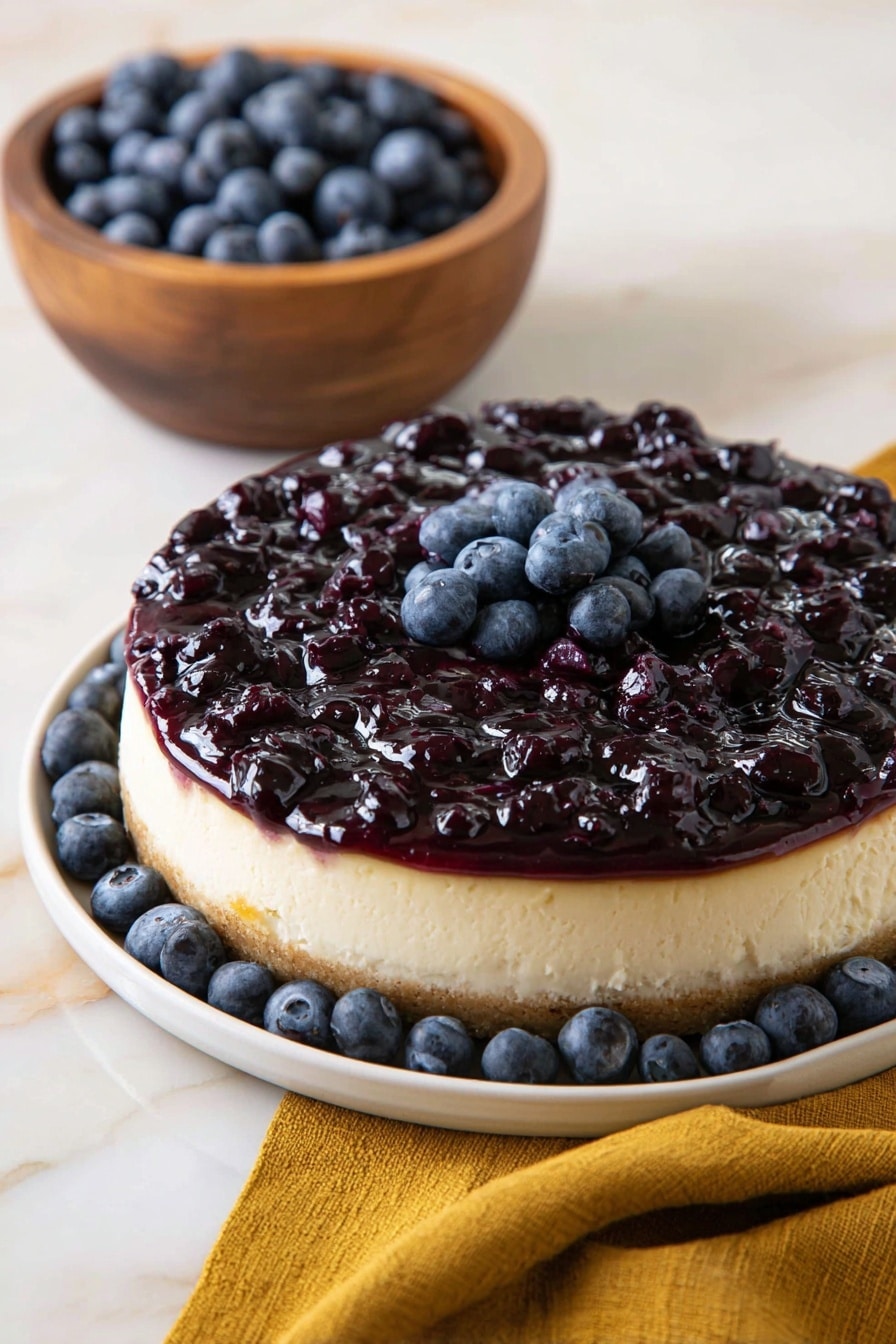 Blueberry Cottage Cheese Cheesecake Recipe 6 A round cheesecake sits on a white plate, with a thick, creamy beige layer on the bottom and a smooth, dark purple fruit topping on top that looks shiny and chunky. Fresh blueberries decorate the outer edge of the plate and a small pile of blueberries rests on the center of the topping. In the background, there is a wooden bowl filled with more blueberries. The scene is on a white marbled surface with a mustard-yellow cloth partially visible on the side. photo taken with an iphone --ar 2:3 --v 7 - Blueberry Cottage Cheese Cheesecake, healthy blueberry cheesecake, light berry dessert, no-bake cheesecake with cottage cheese, blueberry cheesecake ideas