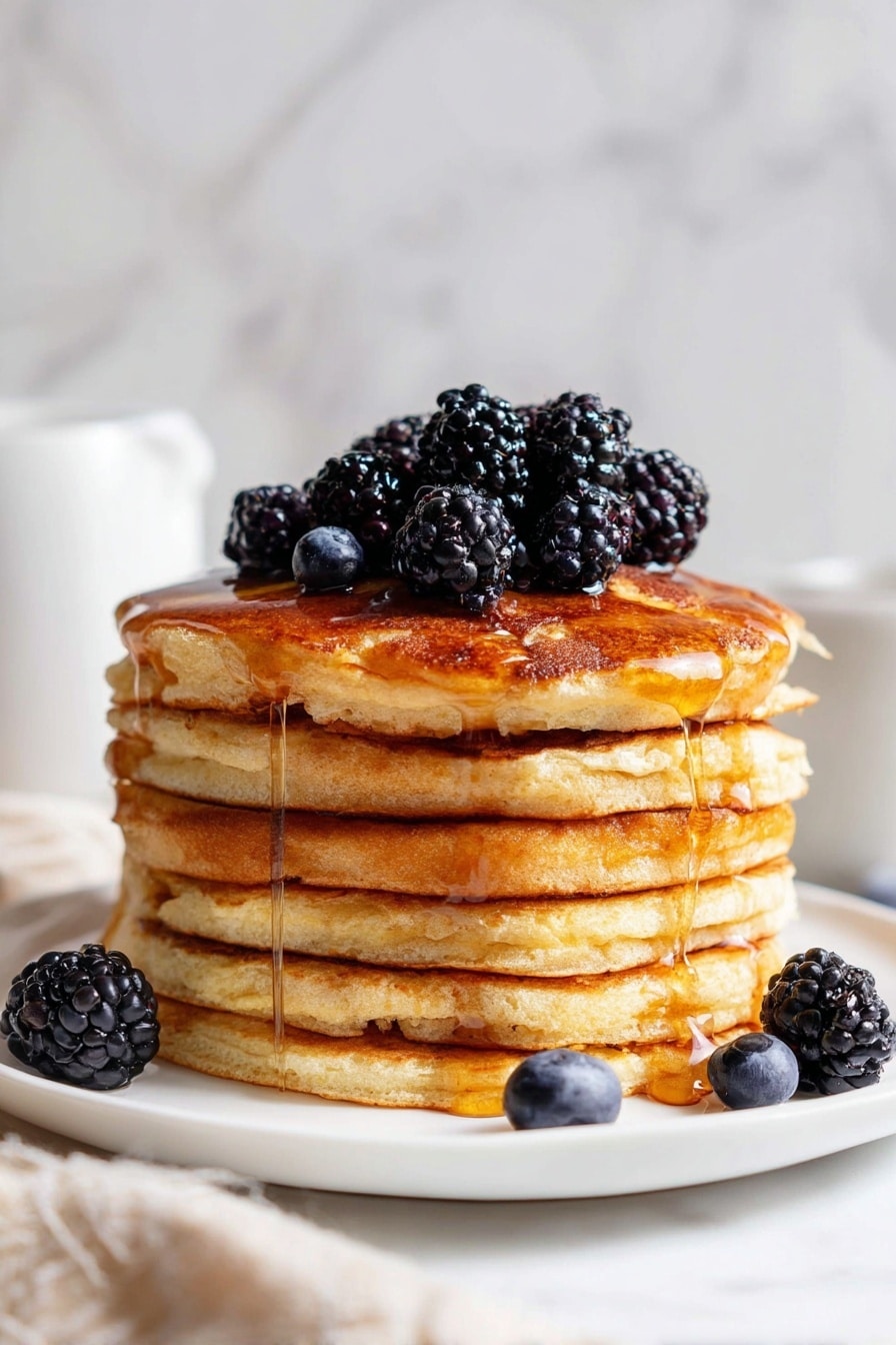 Cottage Cheese Pancakes Recipe 6 A tall stack of seven golden brown pancakes sits on a white plate, each pancake fluffy with slightly crispy edges and layered evenly. The top pancake is covered with a shiny layer of syrup that drips down the sides of the stack in thick streams. On top of the syrup are fresh blackberries and blueberries, clustered together with deep black and dark blue colors, adding a fresh and juicy look. More blackberries and a single blueberry rest on the white plate next to the stack. The scene is set on a white marbled surface with a blurred white cup in the background, making the pancakes the clear focus. The photo taken with an iphone --ar 2:3 --v 7 - Cottage Cheese Pancakes, healthy cottage cheese pancakes, fluffy cottage cheese pancakes, protein-packed breakfast, easy pancake recipes