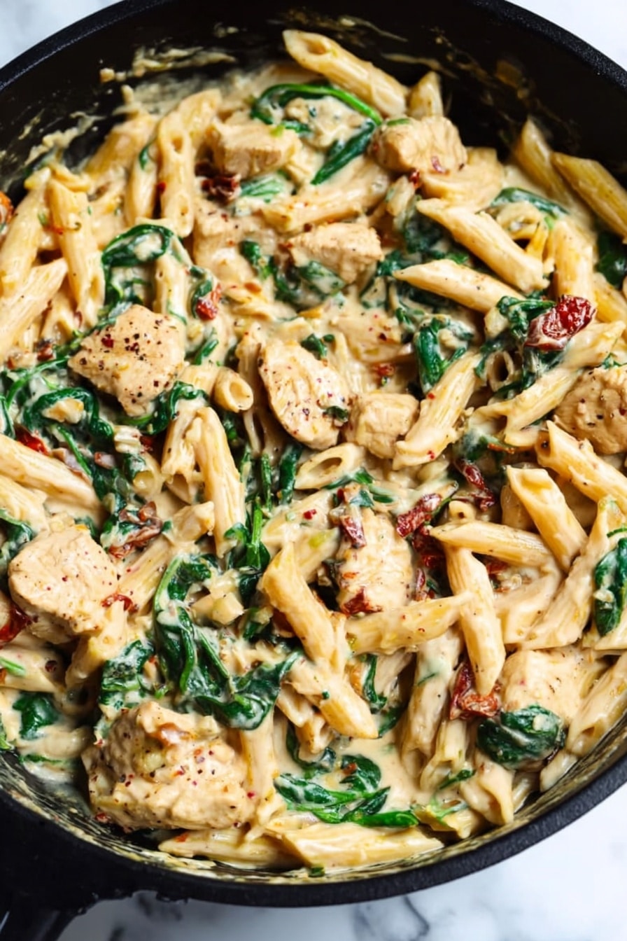 Creamy Tuscan Chicken Pasta Recipe 6 A close-up view of a black pan filled with a creamy pasta dish featuring penne pasta mixed with chunks of cooked chicken, vibrant green spinach leaves, and small pieces of sun-dried tomatoes. The creamy sauce coats all the ingredients, giving a rich and smooth texture with soft, warm beige and green tones throughout. The pan sits on a white marbled surface. photo taken with an iphone --ar 2:3 --v 7 - Creamy Tuscan Chicken Pasta, Tuscan Chicken Pasta, Easy Creamy Chicken Pasta, Homemade Creamy Chicken Pasta, Comfort Food Chicken Pasta