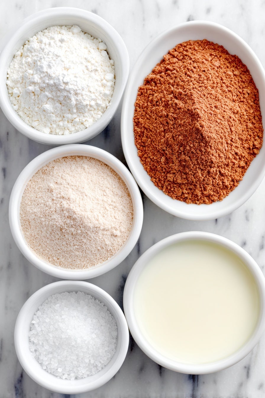 Vegan Protein Pancakes Recipe 7 Flat lay of a small mound of light brown flour, a small pile of pale beige protein powder, a small white ceramic bowl of fine white baking powder, a tiny heap of coarse white salt, a small white ceramic bowl of creamy off-white plant-based milk, a small white ceramic bowl of golden oil, and a small white ceramic bowl containing granulated white sugar, all arranged symmetrically on a clean white marble surface, soft natural light, photo taken with an iPhone, professional food photography style, fresh ingredients, white ceramic bowls, no bottles, no duplicates, no utensils, no packaging --ar 2:3 --v 7 --p m7354615311229779997 - Vegan Protein Pancakes, vegan breakfast recipes, plant-based protein pancakes, healthy vegan pancake ideas, gluten-free vegan pancakes