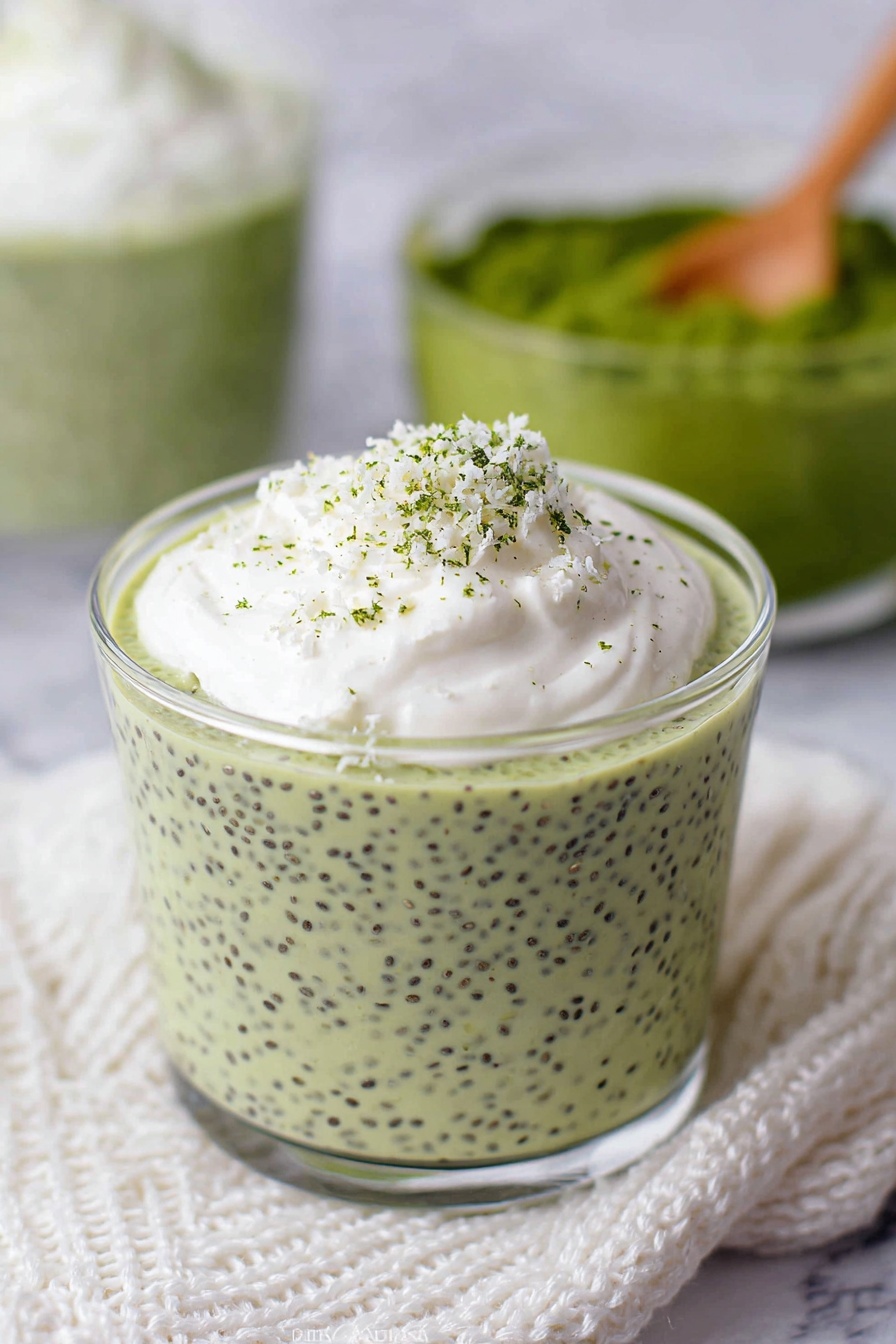 Matcha Chia Pudding Recipe 8 A clear glass bowl filled with three layers: the bottom layer is a light green creamy mixture with small black chia seeds spread evenly, the middle layer shows a generous dollop of white cream placed on top, and the top layer is sprinkled with fine green powder and white flakes over the cream. The bowl is on a white marbled surface covered partially by a white knitted cloth. In the background, two more glass bowls are blurred, one with a similar green mixture topped with white cream and another containing a bright green matcha paste with a wooden spoon inside. Photo taken with an iphone --ar 2:3 --v 7 - Matcha Chia Pudding, healthy chia pudding recipe, vegan matcha breakfast, antioxidant-rich chia pudding, easy matcha chia dessert