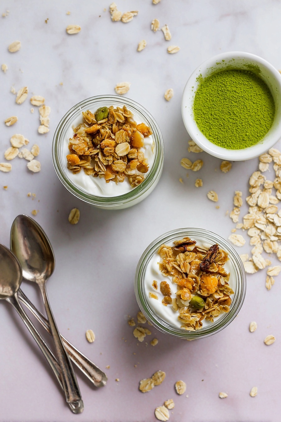 Vanilla Matcha Overnight Oats Recipe 6 Two small glass jars each hold a layered snack. At the bottom of each jar is a white creamy layer, likely yogurt. On top of this is a crunchy granola layer with mixed textures and colors—golden flakes, light tan nuts, and bits of oats. The jars sit on a white marbled surface with scattered oats around them. To the left of the jars are two silver spoons crossed. In the upper right corner, a white bowl contains a bright green powder with a small white spoon inside. The overall look is fresh and simple. photo taken with an iphone --ar 2:3 --v 7 - Vanilla Matcha Overnight Oats, healthy matcha overnight oats, easy breakfast overnight oats, nutritious vanilla overnight oats, vegan overnight oats with matcha