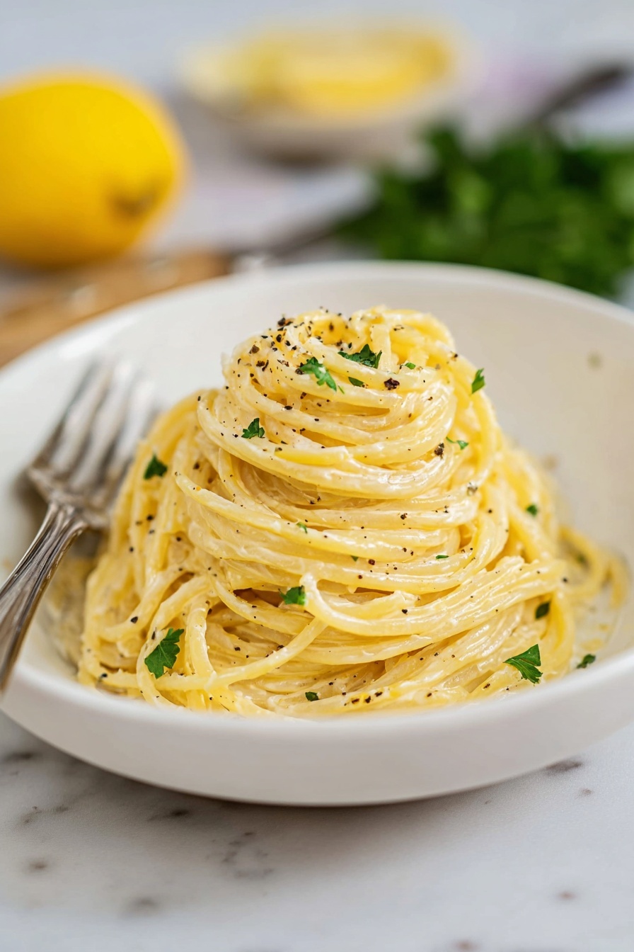 Lemon Garlic Pasta Recipe 6 A white bowl holds a serving of spaghetti pasta twisted into a small tall pile, coated with a creamy pale yellow sauce speckled with black pepper bits. Small green parsley pieces are sprinkled lightly on the pasta, adding color contrast. A silver fork is placed leaning on the left side inside the bowl. In the blurred background on a white marbled surface, there is a lemon half and some green herbs. Photo taken with an iphone --ar 2:3 --v 7 - Lemon Garlic Pasta, Lemon Garlic Pasta Recipe, easy lemon garlic pasta, quick pasta dinner, flavorful lemon garlic pasta