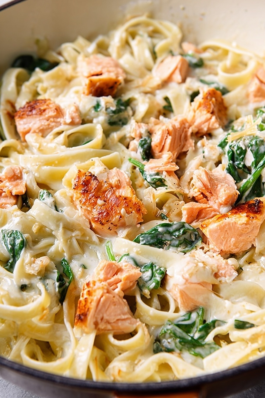 Creamy Salmon Pasta with Greens Recipe 6 The dish shows a close-up view of a creamy pasta meal in a white pan, featuring three main layers: at the bottom, there are flat, wide white noodles tangled together with a smooth, slightly shiny texture; on top of the noodles, there are pieces of cooked pink-orange salmon with a slightly crispy browned surface spread evenly across the dish; mixed throughout are dark green spinach leaves, adding a fresh contrast to the creamy white sauce that lightly coats the noodles and salmon, giving the entire dish a rich and smooth appearance. photo taken with an iphone --ar 2:3 --v 7 - Creamy Salmon Pasta with Greens, salmon pasta recipes, easy salmon pasta, healthy salmon pasta, quick seafood pasta