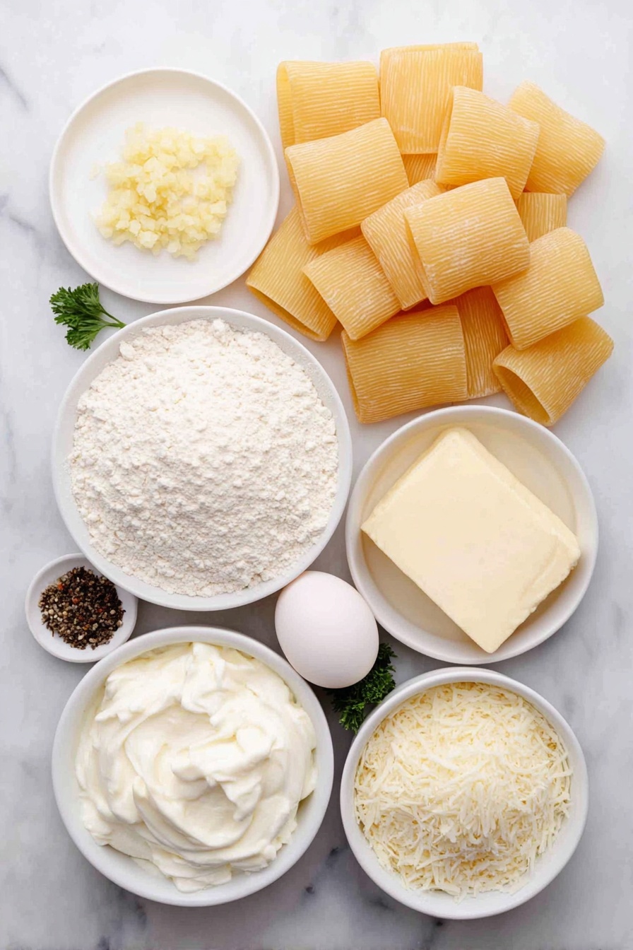 Creamy Lemon Pasta Recipe 7 Flat lay of uncooked rigatoni pasta scattered neatly, a small pat of golden butter on a white ceramic plate, a small white bowl with finely minced garlic, another small white bowl containing pale yellow flour, a small white bowl with clear chicken broth, a halved lemon showing bright yellow zest and juicy pulp, a small white bowl filled with thick heavy cream, a small white bowl with freshly grated parmesan cheese, a few fresh green parsley sprigs arranged delicately, a whole uncracked white egg for scale, and a small white bowl of coarse salt and whole black peppercorns placed symmetrically, all arranged with perfect balance on a clean white marble surface, soft natural light, photo taken with an iPhone, professional food photography style, fresh ingredients, white ceramic bowls, no bottles, no duplicates, no utensils, no packaging --ar 2:3 --v 7 --p m7354615311229779997 - Creamy Lemon Pasta, Lemon Pasta, Creamy Pasta Recipes, Quick Lemon Pasta, Bright Lemon Pasta