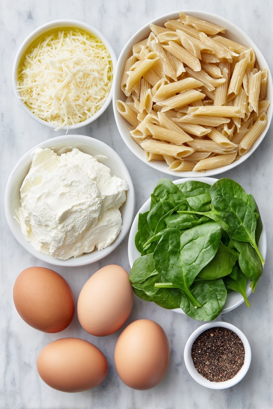 Creamy Spinach Pasta Recipe 7 Flat lay of a small pile of uncooked penne pasta, fresh bright green baby spinach leaves loosely arranged, a few whole uncracked brown eggs, a small white ceramic bowl of golden extra virgin olive oil, another small white bowl filled with finely grated pale yellow parmesan cheese, a small mound of smooth white cream cheese, several whole garlic cloves with papery skins intact, a small white bowl containing ground nutmeg powder, and a tiny pile of coarse black peppercorns placed on a clean white marble surface, soft natural light, photo taken with an iPhone, professional food photography style, fresh ingredients, white ceramic bowls, no bottles, no duplicates, no utensils, no packaging --ar 2:3 --v 7 --p m7354615311229779997 - Creamy Spinach Pasta, creamy spinach pasta dish, quick spinach pasta, easy spinach pasta recipe, comforting pasta dinner