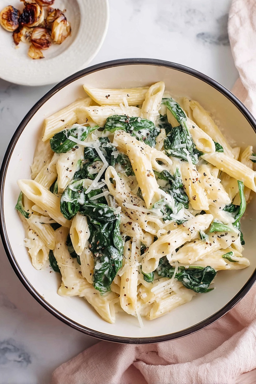 Creamy Spinach Pasta Recipe 6 A white bowl with a dark rim holds creamy penne pasta mixed with wilted spinach leaves. The pasta is coated in a white creamy sauce with visible flecks of black pepper and small shreds of grated white cheese sprinkled on top. The spinach adds a fresh green color that contrasts with the pale yellow pasta and the creamy sauce. In the background, a small white plate with browned garlic or spice pieces sits on a white marbled surface, and a pale pink cloth is draped beside the bowl. photo taken with an iphone --ar 2:3 --v 7 - Creamy Spinach Pasta, creamy spinach pasta dish, quick spinach pasta, easy spinach pasta recipe, comforting pasta dinner