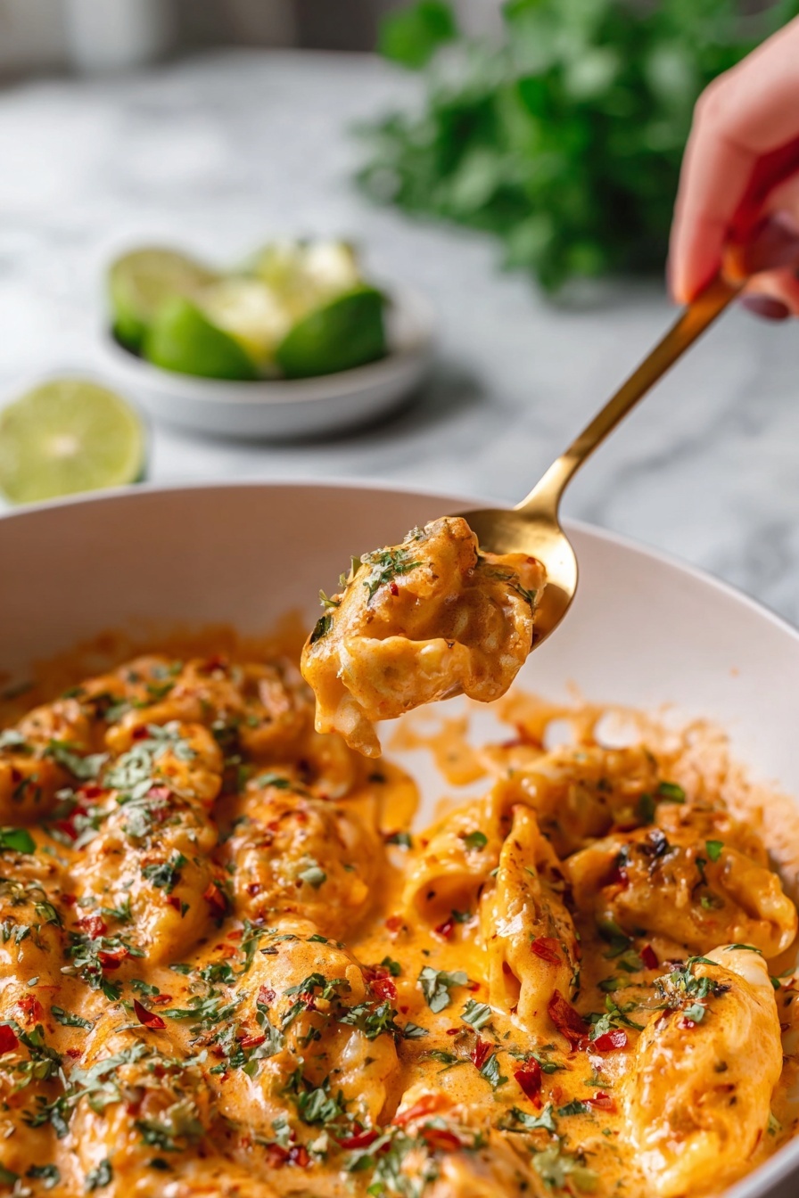 Thai Red Curry Dumpling Bake Recipe 8 A close-up of a creamy pasta dish with a spoon lifting one piece of pasta covered in a rich, orange sauce with visible green herbs and red chili flakes. Inside the white pan, the pasta is coated with the same sauce, and scattered green herbs add a fresh touch. The background shows blurred green herbs and lime wedges on a white marbled surface. A woman's hand is holding the spoon with a golden handle. photo taken with an iphone --ar 2:3 --v 7 - Thai Red Curry Dumpling Bake, Thai Red Curry recipe, quick Thai dinner, flavorful stew bake, easy Asian dumpling dish