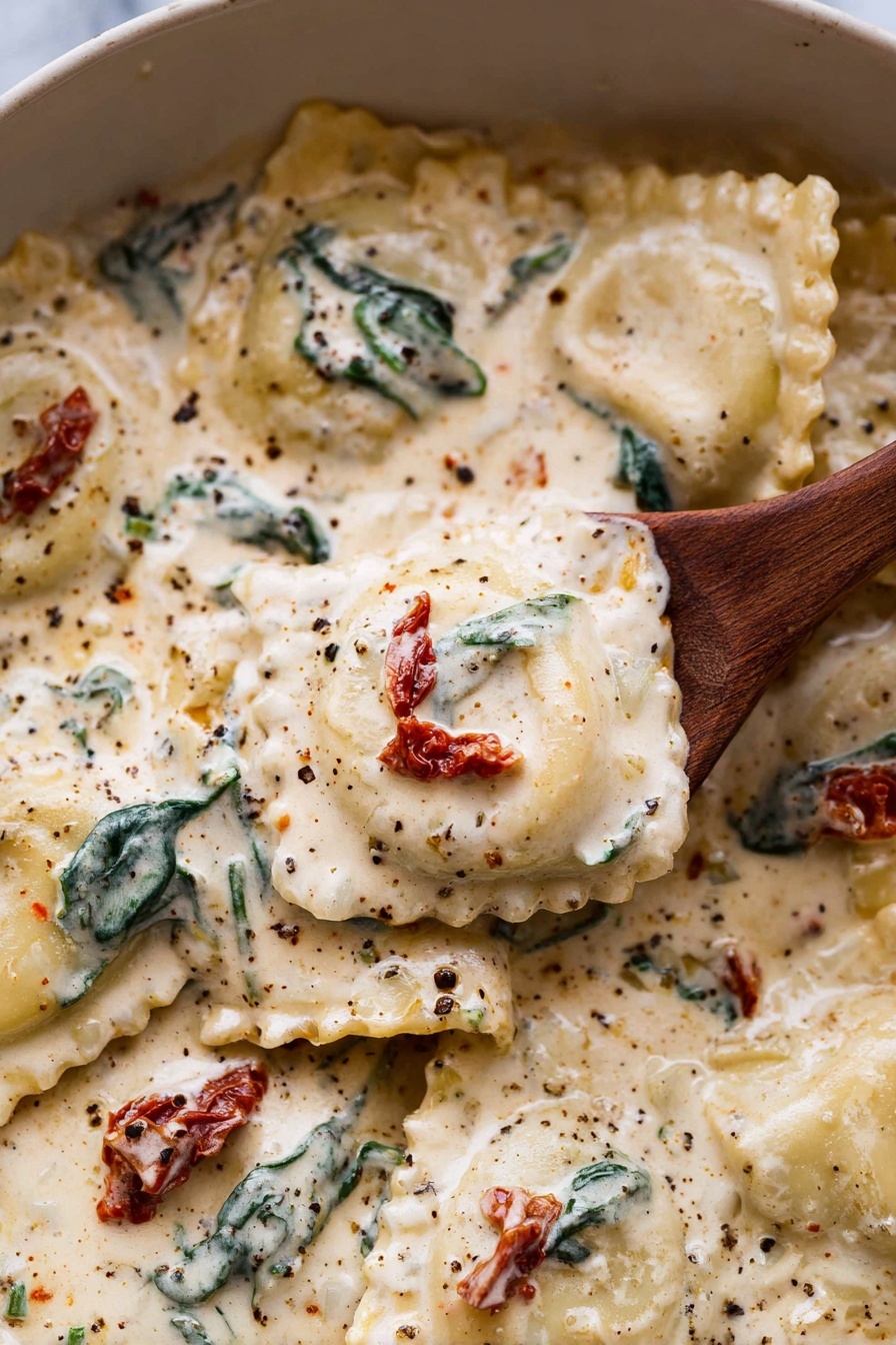 Creamy Tuscan Garlic Ravioli Recipe 6 A close-up of ravioli pasta in a creamy white sauce with visible specks of black pepper and herbs. The ravioli are square with ruffled edges, covered in a thick, smooth, off-white sauce that has a rich texture. Scattered throughout the sauce are dark green wilted spinach leaves and small pieces of red sun-dried tomatoes, adding color contrast. A wooden spoon is lifting one ravioli with the creamy sauce dripping slightly, showing the pasta's soft texture. The dish sits on a white marbled surface. Photo taken with an iphone --ar 2:3 --v 7 - Creamy Tuscan Garlic Ravioli, quick Italian pasta dinner, garlic cream sauce recipes, sun-dried tomato ravioli, easy weeknight pasta