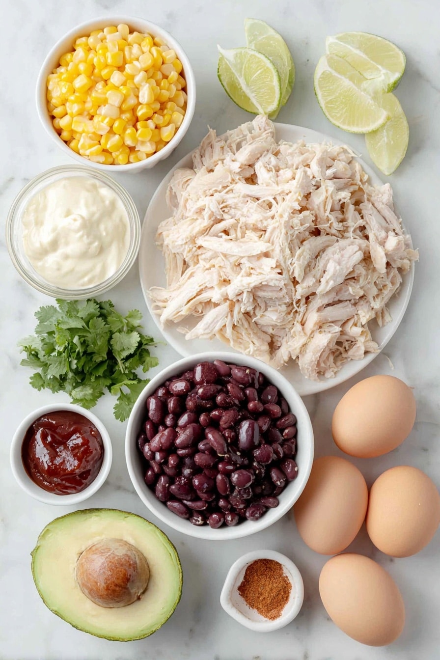 Southwest Chicken Salad Recipe 7 Flat lay of shredded rotisserie chicken, a small white bowl of fresh yellow corn kernels, a small white bowl of shiny black beans, finely diced red bell pepper scattered artistically, finely diced red onion pieces, a small bunch of fresh cilantro sprigs, a diced ripe avocado with creamy green flesh, a whole bright green lime, a small white bowl of creamy mayonnaise, a small white bowl of deep red chipotle sauce, and a scattering of ground cumin and smoked paprika spices on the clean white surface, all arranged with perfect symmetry, placed on a clean white marble surface, soft natural light, photo taken with an iPhone, professional food photography style, fresh ingredients, white ceramic bowls, no bottles, no duplicates, no utensils, no packaging --ar 2:3 --v 7 --p m7354615311229779997 - Southwest Chicken Salad, Southwest Chicken Salad Recipe, Easy Southwest Chicken Salad, Healthy Southwest Chicken Salad, Quick Chicken Salad