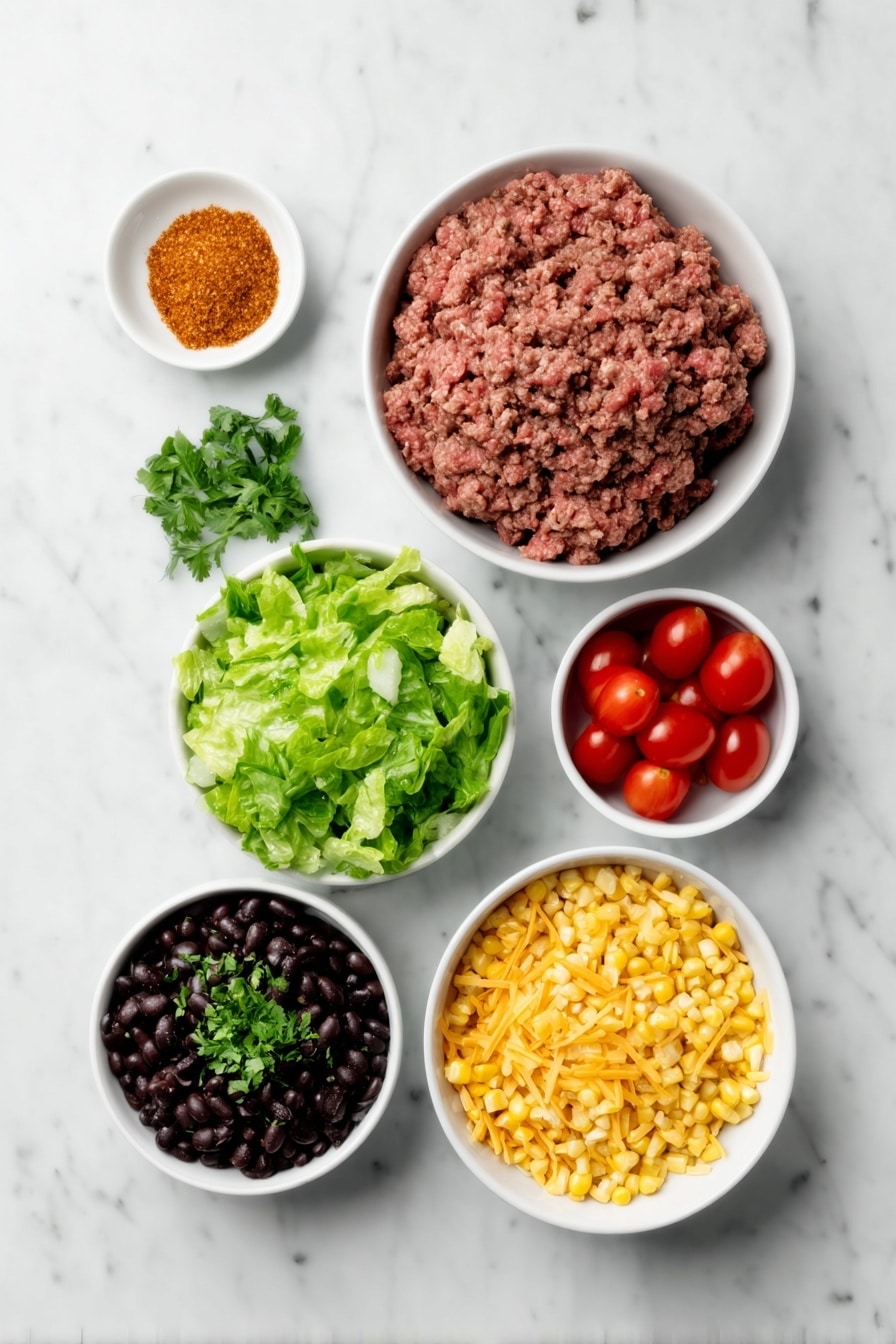 Dorito Beef Taco Salad Bowl Recipe 7 Flat lay of a mound of fresh ground beef, a small white bowl of bright orange-red taco seasoning powder, a small white bowl of clear water, a simple white ceramic bowl filled with vibrant orange Nacho Cheese Doritos, a small white bowl heaped with shredded mild cheddar cheese, a small white bowl with shiny black beans, a small white bowl overflowing with golden yellow corn kernels, a simple pile of chopped bright green romaine lettuce leaves, a small white bowl with halved glossy red cherry tomatoes, and a few sprigs of fresh green cilantro arranged neatly, placed on a clean white marble surface, soft natural light, photo taken with an iPhone, professional food photography style, fresh ingredients, white ceramic bowls, no bottles, no duplicates, no utensils, no packaging --ar 2:3 --v 7 --p m7354615311229779997 - Dorito Beef Taco Salad Bowl, taco salad recipes, beef taco salad dinner, crunchy taco salad ideas, quick Mexican salad recipes