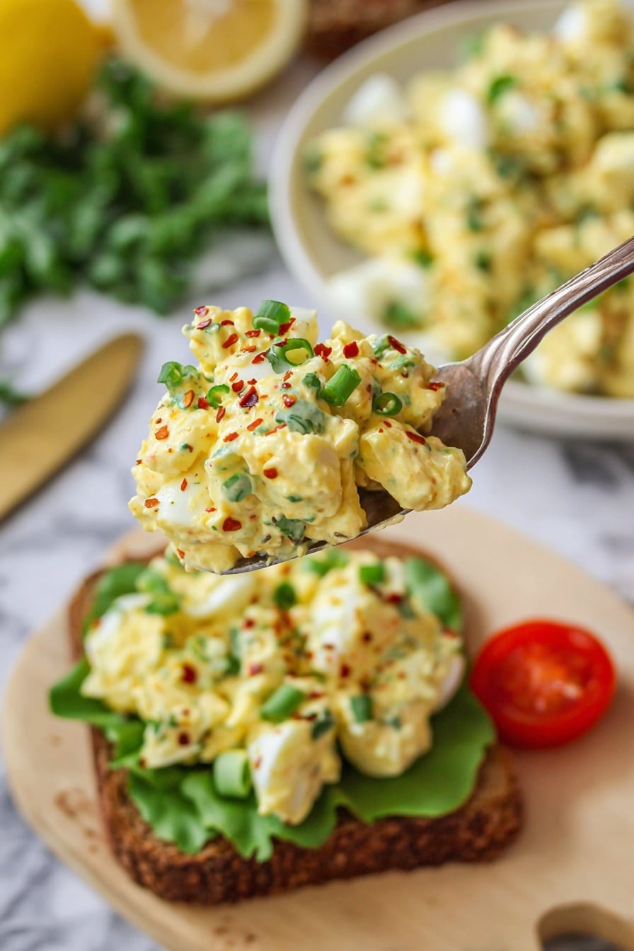 Cottage Cheese Egg Salad Recipe 8 A white plate holds a creamy egg salad piled in the center, featuring chopped hard-boiled eggs mixed with small green celery pieces and bright green chive bits scattered on top. The salad is lightly sprinkled with red chili flakes, adding small red specks throughout. Around the plate, a bunch of fresh red cherry tomatoes on the vine rests on a beige-striped cloth to the top left, while a half lemon with bright yellow flesh sits near the top right. Below the plate, a large green leaf of lettuce lies on a white marbled surface next to a piece of parchment paper holding more egg salad on lettuce, with a woman's hand reaching in from the bottom left. The setting is bright and fresh with a soft natural light. photo taken with an iphone --ar 2:3 --v 7 - Cottage Cheese Egg Salad, healthy egg salad, light lunch ideas, protein-packed salads, easy egg salad recipes