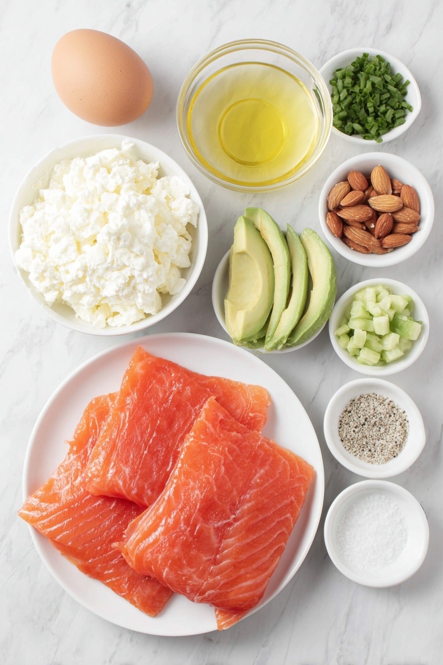 Smoked Salmon and Cottage Cheese Salad Recipe 7 Flat lay of one whole uncracked brown egg, a small mound of fresh white cottage cheese on a simple white ceramic plate, two thin slices of vibrant orange-pink smoked salmon neatly folded, a few bright green avocado slices fanned out, a small pile of diced crisp light green cucumber, a small white bowl filled with finely chopped fresh green chives, a small white bowl holding chopped light brown almonds, a small white bowl with golden olive oil, and two tiny white bowls containing coarse salt and cracked black pepper, all arranged with perfect symmetry and balanced proportions, placed on a clean white marble surface, soft natural light, photo taken with an iPhone, professional food photography style, fresh ingredients, white ceramic bowls, no bottles, no duplicates, no utensils, no packaging --ar 2:3 --v 7 --p m7354615311229779997 - Smoked Salmon and Cottage Cheese Salad, smoked salmon salad, healthy salmon salad, quick seafood salad, easy cottage cheese salad