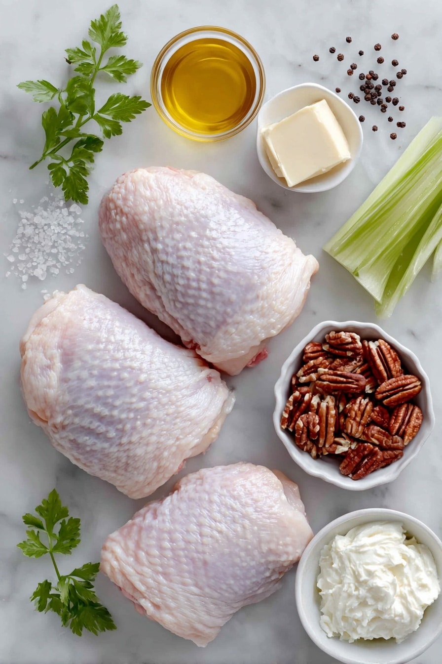 Southern Chicken Salad with Pecans Recipe 7 Flat lay of four raw chicken breasts with skin-on and bone-in, a small white bowl of golden olive oil, coarse salt crystals scattered, whole black peppercorns, a small white bowl holding a pale yellow pat of butter, a small white bowl with chopped toasted pecans, three fresh celery ribs with leaves, a small white bowl filled with creamy white mayonnaise, placed on a clean white marble surface, soft natural light, photo taken with an iPhone, professional food photography style, fresh ingredients, white ceramic bowls, no bottles, no duplicates, no utensils, no packaging --ar 2:3 --v 7 --p m7354615311229779997 - Southern Chicken Salad with Pecans, Chicken Salad with Pecans, Easy Southern Chicken Salad, Creamy Pecan Chicken Salad, Nutty Chicken Salad