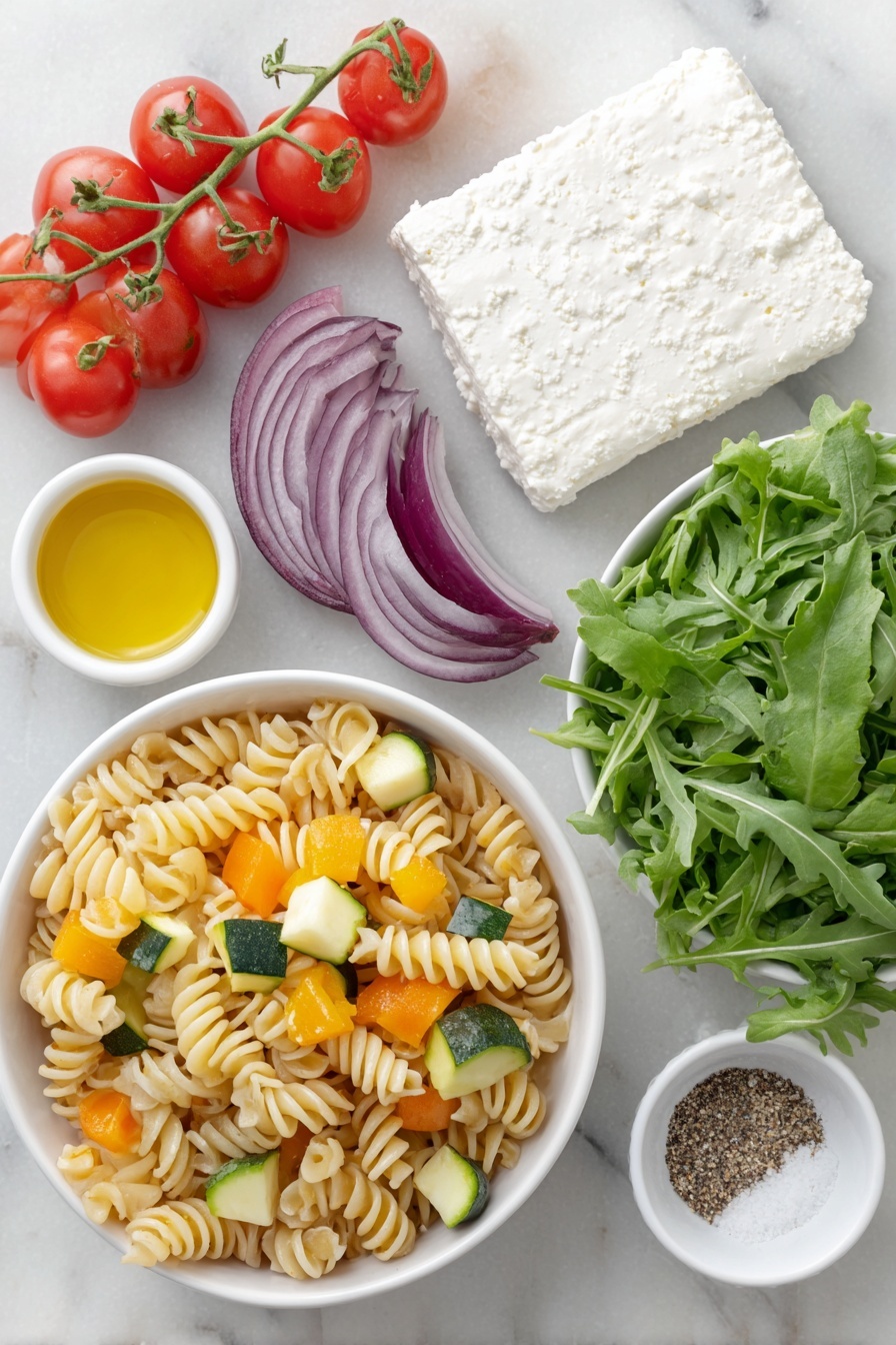 Roasted Veggie Pasta with Feta Recipe 7 Flat lay of fusilli pasta piled neatly, a block of white feta cheese with a crumbly texture, a cluster of ripe cherry tomatoes on the vine, thin wedges of deep purple-red onion, diced bright green zucchini pieces, diced vibrant orange bell pepper, a small white bowl filled with golden olive oil, a small white bowl of coarse kosher salt crystals, a small white bowl with ground black pepper, a small white bowl holding freshly squeezed lemon juice, and a handful of fresh dark green baby arugula leaves, all arranged symmetrically on simple white ceramic bowls and plates, placed on a clean white marble surface, soft natural light, photo taken with an iPhone, professional food photography style, fresh ingredients, white ceramic bowls, no bottles, no duplicates, no utensils, no packaging --ar 2:3 --v 7 --p m7354615311229779997 - Roasted Veggie Pasta with Feta, roasted vegetable pasta, feta pasta recipe, quick healthy pasta, veggie and feta pasta