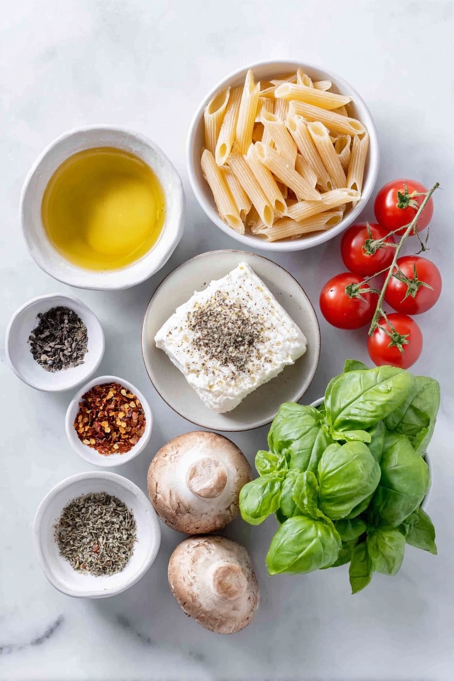 Baked Feta Pasta with Chicken Recipe 7 Flat lay of a small pile of uncooked gigli pasta, a cluster of ripe cherry tomatoes on the vine, a fresh bundle of thyme sprigs, two whole garlic cloves with papery skins intact, a block of creamy white feta cheese, two raw chicken breasts seasoned with salt and pepper, a small white ceramic bowl filled with golden olive oil, a small white bowl containing crushed red pepper flakes, a small white bowl of coarse kosher salt, and a small white bowl of freshly cracked black pepper, all arranged symmetrically on a clean white marble surface, soft natural light, photo taken with an iPhone, professional food photography style, fresh ingredients, white ceramic bowls, no bottles, no duplicates, no utensils, no packaging --ar 2:3 --v 7 --p m7354615311229779997 - Baked Feta Pasta with Chicken, easy baked feta pasta, creamy chicken pasta bake, one-pan feta pasta, quick weeknight dinner
