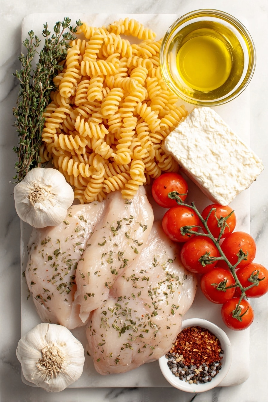 Baked Goat Cheese Pasta Recipe 7 Flat lay of a small mound of uncooked penne pasta, a small white bowl of golden olive oil, a cluster of ripe red cherry tomatoes on the vine, a handful of fresh whole button mushrooms, a small pile of vibrant baby spinach leaves, a rectangular block of fresh white goat cheese, a small white bowl of deep red chili flakes, a small white bowl of coarse kosher salt, a small white bowl of cracked black peppercorns, a small white bowl of dried oregano leaves, a bunch of bright fresh basil with stems, a small white bowl of dark balsamic vinegar, and five whole uncracked garlic cloves, all arranged symmetrically in perfect proportions on a simple white ceramic background placed on a clean white marble surface, soft natural light, photo taken with an iPhone, professional food photography style, fresh ingredients, white ceramic bowls, no bottles, no duplicates, no utensils, no packaging --ar 2:3 --v 7 --p m7354615311229779997 - Baked Goat Cheese Pasta, goat cheese pasta, roasted cherry tomato pasta, easy baked pasta recipe, creamy goat cheese pasta dish