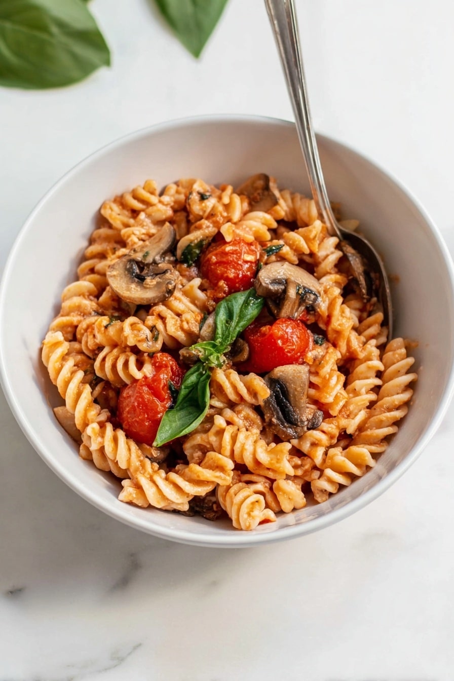 Baked Goat Cheese Pasta Recipe 6 A white rectangular ceramic dish filled with spiral pasta covered lightly in a red tomato sauce, mixed with whole roasted cherry tomatoes and scattered fresh green basil leaves on top. The pasta appears soft and well-coated with the sauce, and some small bits of mushrooms or similar ingredients are mixed in. A silver spoon is placed inside the dish on the right side, partially buried in the pasta. The dish is placed on a white marbled surface, with a few fresh basil leaves lying nearby. photo taken with an iphone --ar 2:3 --v 7 - Baked Goat Cheese Pasta, goat cheese pasta, roasted cherry tomato pasta, easy baked pasta recipe, creamy goat cheese pasta dish