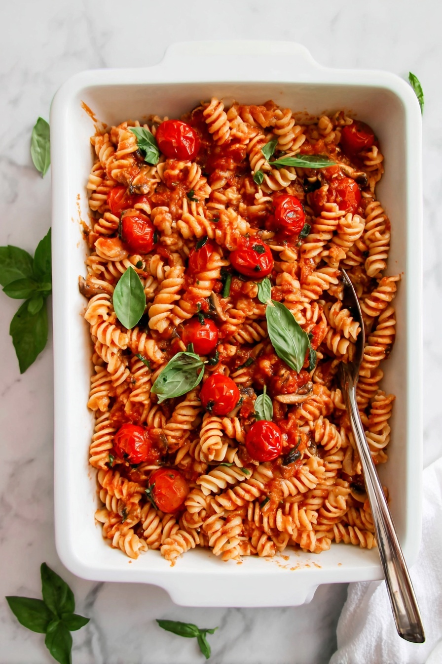 Baked Goat Cheese Pasta Recipe 8 A white bowl holds a pasta dish made of three layers. The bottom layer is light orange-colored spiral pasta coated in a sauce. The middle layer includes cooked red cherry tomatoes and brown mushroom slices scattered evenly. The top layer features a few green basil leaves placed on top for color and texture contrast. A silver spoon stands vertically inside the bowl, surrounded by the pasta and vegetables. The bowl sits on a white marbled texture surface with a green leaf visible in the background. photo taken with an iphone --ar 2:3 --v 7 - Baked Goat Cheese Pasta, goat cheese pasta, roasted cherry tomato pasta, easy baked pasta recipe, creamy goat cheese pasta dish