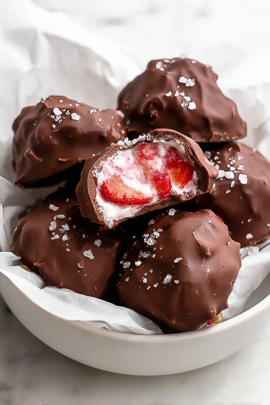 Chocolate Strawberry Yogurt Bites Recipe 8 The image shows a white bowl lined with white paper filled with several chocolate-covered treats. Each treat has a rough, lumpy surface with a shiny milk chocolate coating sprinkled with small flakes of sea salt on top. One of the treats is cut open and placed on the edge of the bowl, showing three inside layers: the outer dark brown chocolate shell, a middle layer of white creamy filling mixed with light pink hues, and bright red strawberry pieces embedded within the cream. The bowl sits on a clean white marbled surface. Photo taken with an iphone --ar 2:3 --v 7 - Chocolate Strawberry Yogurt Bites, healthy fruit and chocolate snacks, easy summer dessert recipes, quick fruit yogurt treats, chocolate fruit bites