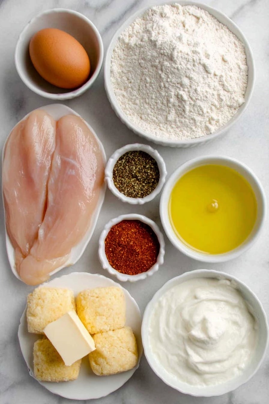 Hot Honey Chicken Biscuits Recipe 7 Flat lay of fresh raw chicken tenders with a natural pink hue, a small heap of all-purpose flour in a simple white ceramic bowl, whole large brown egg with clean shells, small white bowl filled with bright golden honey, tiny white bowl containing vibrant crushed red pepper flakes, fresh apple cider vinegar in a small white bowl with a light amber color, a stick of cold unsalted butter cut into small cubes, a small mound of baking powder and baking soda powder side by side on a white ceramic plate, a small white bowl of buttermilk with creamy texture, a handful of golden biscuit dough pieces shaped in rough rounds, and a small pile of smoked paprika and black pepper on a small white dish, all arranged symmetrically and balanced on a clean white marble surface, soft natural light, photo taken with an iPhone, professional food photography style, fresh ingredients, white ceramic bowls, no bottles, no duplicates, no utensils, no packaging --ar 2:3 --v 7 --p m7354615311229779997 - Hot Honey Chicken Biscuits, spicy honey fried chicken sandwiches, homemade chicken biscuits, easy Southern chicken biscuits, hot honey biscuit recipe