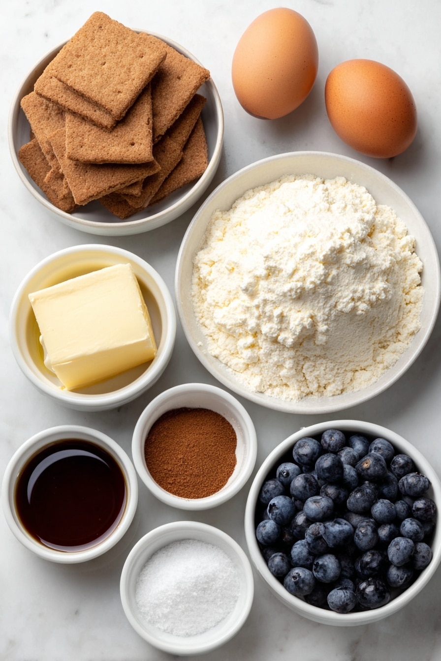 Blueberry Cottage Cheese Cheesecake Recipe 7 Flat lay of gluten-free graham crackers broken into crumbs in a simple white ceramic bowl, small white ceramic bowls with melted unsalted butter, pure maple syrup, and ground cinnamon, a pinch of coarse sea salt on white ceramic plate, a large mound of fresh creamy cottage cheese on a white ceramic plate, two whole clean brown eggs, a small white ceramic bowl with pure vanilla extract, a small white ceramic bowl with tapioca flour, three cups of plump fresh blueberries on a white ceramic plate, a small white ceramic bowl with fresh lemon juice, all ingredients arranged with perfect symmetry and realistic proportions placed on a clean white marble surface, soft natural light, photo taken with an iPhone, professional food photography style, fresh ingredients, white ceramic bowls, no bottles, no duplicates, no utensils, no packaging --ar 2:3 --v 7 --p m7354615311229779997 - Blueberry Cottage Cheese Cheesecake, healthy blueberry cheesecake, light berry dessert, no-bake cheesecake with cottage cheese, blueberry cheesecake ideas