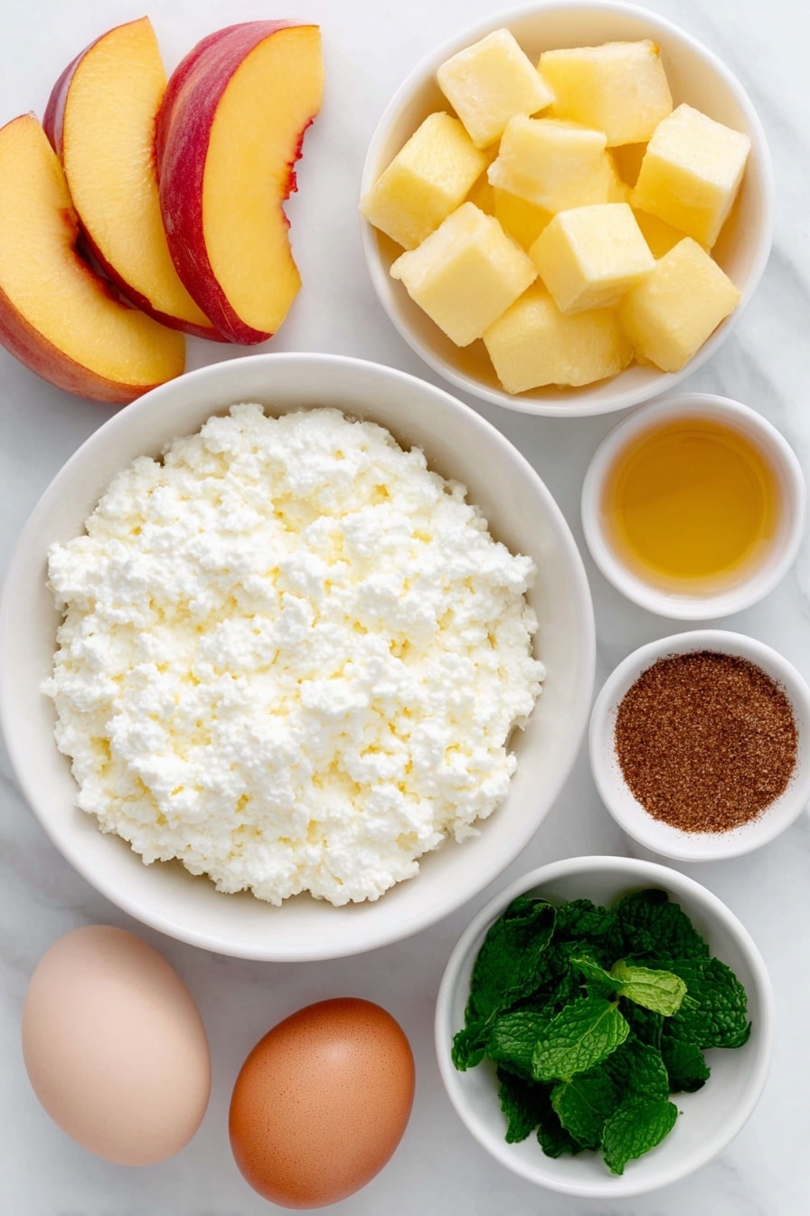 Cottage Cheese and Peach Parfait Recipe 7 Flat lay of a small white ceramic bowl filled with fresh, creamy cottage cheese, a few neatly diced pieces of a ripe peach with vibrant orange and red skin placed beside it, a small white bowl containing golden honey, a few bright green fresh mint leaves finely chopped arranged next to a tiny white bowl with warm brown ground cinnamon powder, one whole uncracked brown-shelled egg nearby, all ingredients perfectly spaced in balanced symmetry, placed on a clean white marble surface, soft natural light, photo taken with an iPhone, professional food photography style, fresh ingredients, white ceramic bowls, no bottles, no duplicates, no utensils, no packaging --ar 2:3 --v 7 --p m7354615311229779997 - Cottage Cheese and Peach Parfait, healthy fruit parfait, quick summer snack, nutritious breakfast ideas, easy fruit dessert