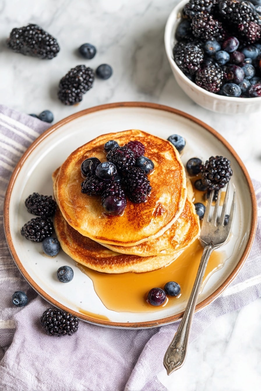 Cottage Cheese Pancakes Recipe 8 A stack of four golden brown pancakes sits in the middle of a white plate with a brown rim. The pancakes are slightly different sizes, layered unevenly, with the top pancake drenched in amber syrup that glistens under the light. Dark blackberries and plump blueberries are scattered on top of the stack and around the plate, adding deep purple and blue color. A silver fork rests on the right side of the plate, partly on a light purple and white striped cloth. In the upper right corner, a white bowl also holds a mix of blackberries and blueberries. The whole scene is set against a white marbled surface, giving a clean, bright look. photo taken with an iphone --ar 2:3 --v 7 - Cottage Cheese Pancakes, healthy cottage cheese pancakes, fluffy cottage cheese pancakes, protein-packed breakfast, easy pancake recipes