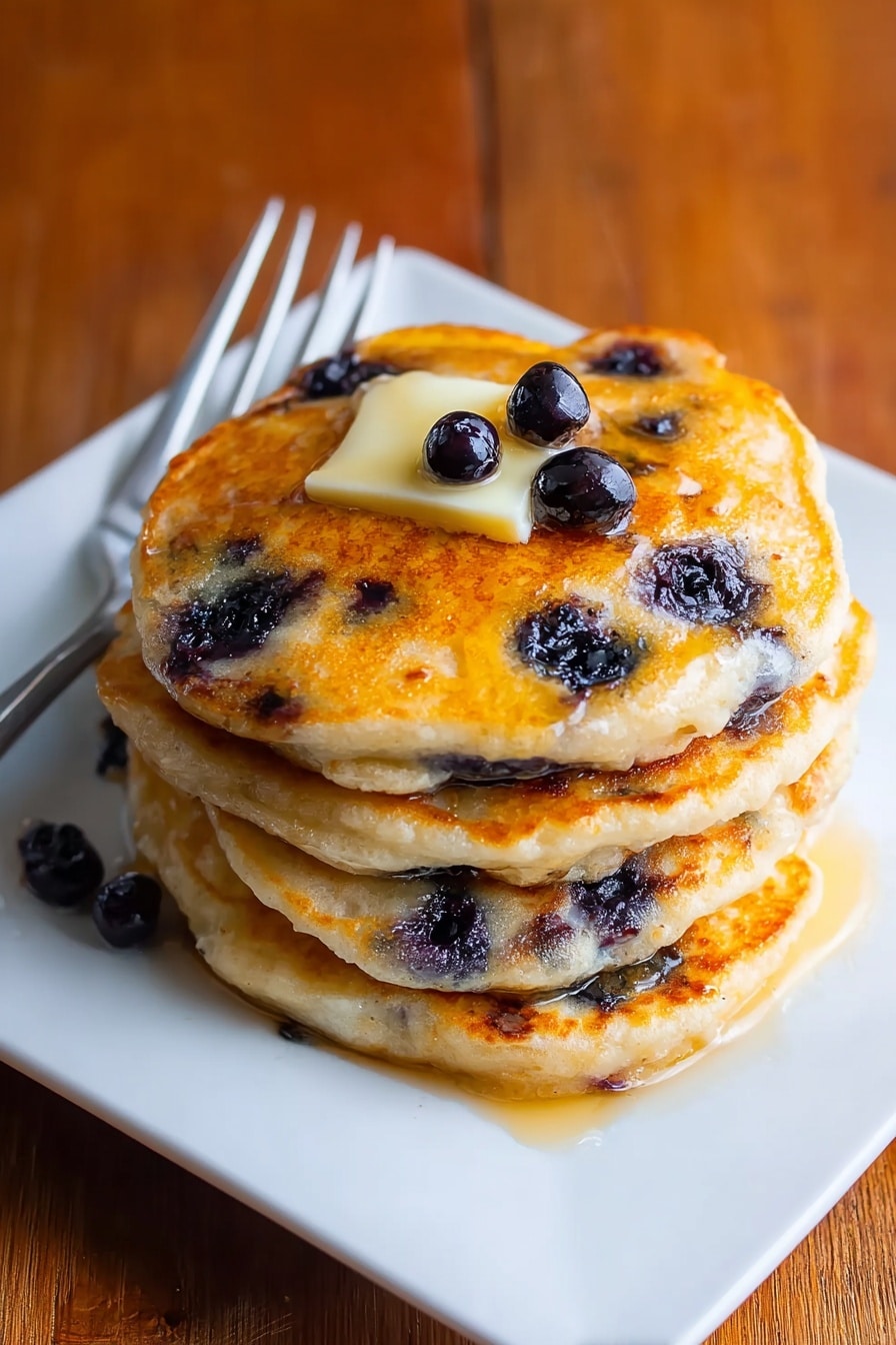 Vegan Protein Pancakes Recipe 8 A stack of five golden-brown blueberry pancakes sits on a white square plate against a warm wooden surface background replaced by white marbled texture. On top of the stack, there are several whole blueberries embedded in the pancake, with a small square of melted butter in the center, creating a shiny, slightly glossy texture. The pancakes look thick and fluffy with soft, uneven edges. To the left of the plate, a silver fork is partially visible. The photo taken with an iphone --ar 2:3 --v 7 - Vegan Protein Pancakes, vegan breakfast recipes, plant-based protein pancakes, healthy vegan pancake ideas, gluten-free vegan pancakes