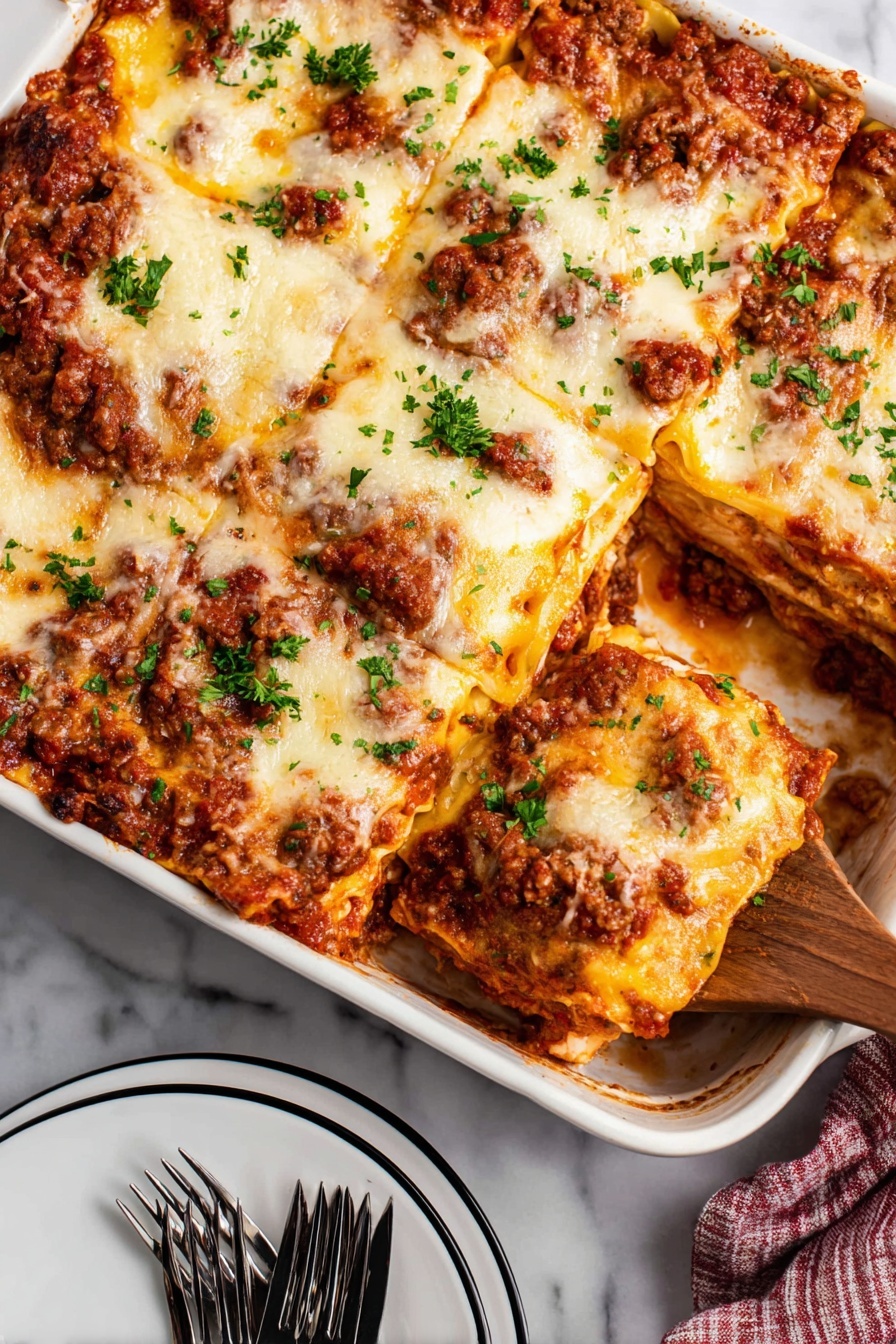 Easy No-Boil Lasagna Recipe 8 This image shows a white rectangular baking dish filled with six layers of baked lasagna. The top layer is golden melted cheese mixed with bits of browned ground meat and red tomato sauce, with small bright green parsley leaves sprinkled on top. One portion is being lifted with a wooden spatula, revealing the layers underneath which include alternating soft yellowish pasta sheets, rich red tomato meat sauce, and creamy white cheese. The lasagna looks thick and packed, with browned edges along the baking dish. To the side, there is a stack of white plates with black rims and three forks on top, all placed on a white marbled surface. photo taken with an iphone --ar 2:3 --v 7 - Easy No-Boil Lasagna, no-boil lasagna recipe, quick lasagna dinner, effortless lasagna, cheesy baked lasagna