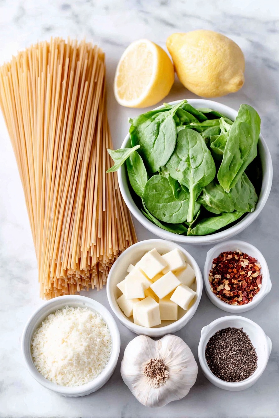 Lemon Spinach Pasta Recipe 7 Flat lay of a nest of uncooked spaghetti, a small pile of fresh baby spinach leaves, a whole bright yellow lemon with a few lemon zest strips beside it, three whole uncracked garlic cloves, a small white ceramic bowl filled with unsalted butter chunks, a small white ceramic bowl of red pepper flakes, a small white ceramic bowl of freshly grated parmesan cheese, a small white ceramic bowl of coarse salt, a small white ceramic bowl of ground black pepper, placed on a clean white marble surface, soft natural light, photo taken with an iPhone, professional food photography style, fresh ingredients, white ceramic bowls, no bottles, no duplicates, no utensils, no packaging --ar 2:3 --v 7 --p m7354615311229779997 - Lemon Spinach Pasta, quick lemon pasta, healthy spinach pasta, citrus pasta recipe, easy vegetarian pasta