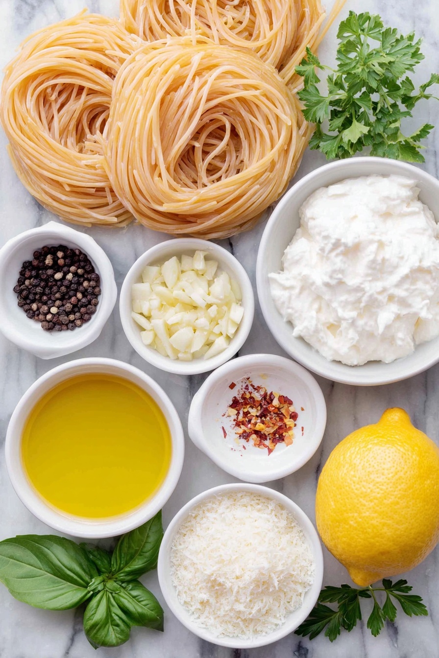 Lemon Garlic Pasta Recipe 7 Flat lay of uncooked golden spaghetti noodles neatly coiled, a small white bowl of extra virgin olive oil glistening, a small white bowl filled with finely chopped fresh garlic cloves, a few dried red pepper flakes scattered beside a small white bowl of freshly cracked black peppercorns, a small white bowl holding smooth whipping cream, a small white bowl of bright yellow fresh lemon juice, a whole fresh lemon with vibrant yellow zest partially grated, a small white bowl heaping with finely grated parmesan cheese, and fresh basil and parsley sprigs placed delicately, all arranged with perfect symmetry on a clean white marble surface, soft natural light, photo taken with an iPhone, professional food photography style, fresh ingredients, white ceramic bowls, no bottles, no duplicates, no utensils, no packaging --ar 2:3 --v 7 --p m7354615311229779997 - Lemon Garlic Pasta, Lemon Garlic Pasta Recipe, easy lemon garlic pasta, quick pasta dinner, flavorful lemon garlic pasta