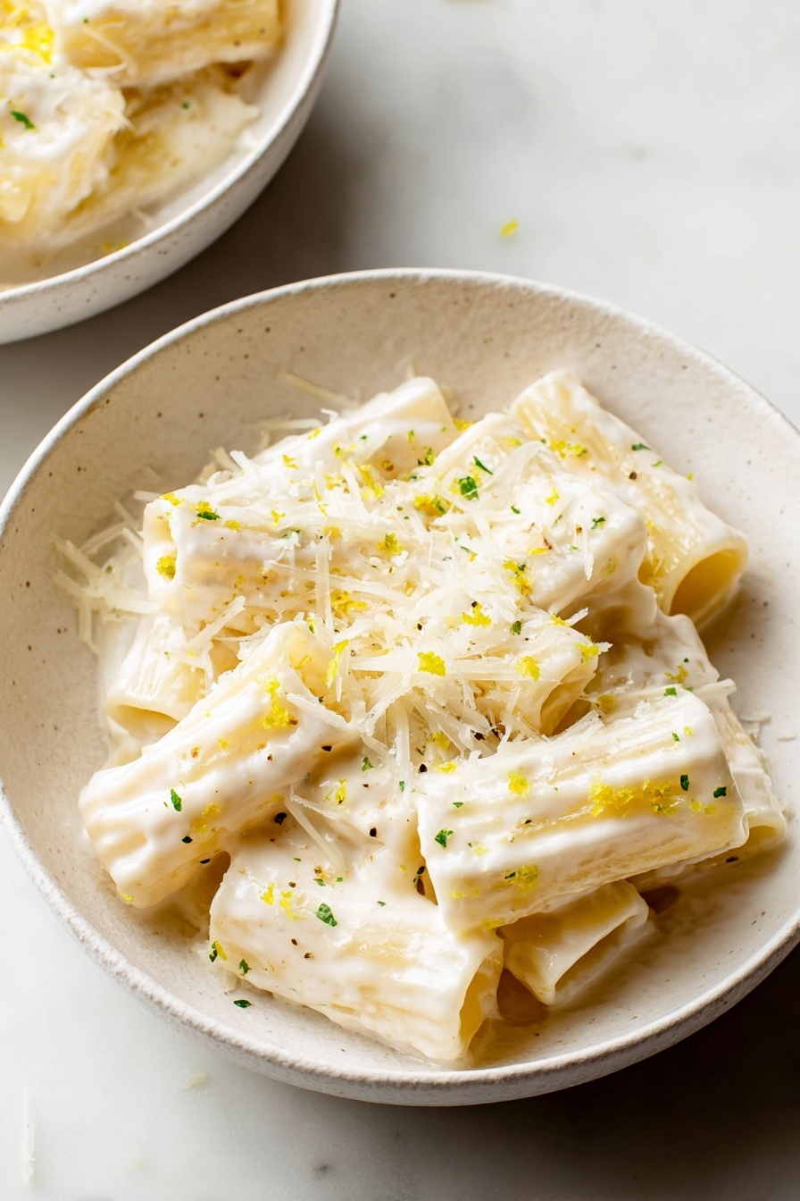 Creamy Lemon Pasta Recipe 8 A white textured bowl holds about two layers of rigatoni pasta, which are thick tube-shaped with a pale yellow color. The top layer is covered with a smooth, creamy white sauce that drapes over the pasta unevenly. Shredded pale cheese is sprinkled over the sauce creating a fine, soft texture on top. Small green herb pieces and tiny yellow zest bits are scattered across the cheese and pasta, adding tiny bright spots. The bowl sits on a white marbled surface, and part of another bowl with the same dish is visible in the upper left corner. photo taken with an iphone --ar 2:3 --v 7 - Creamy Lemon Pasta, Lemon Pasta, Creamy Pasta Recipes, Quick Lemon Pasta, Bright Lemon Pasta