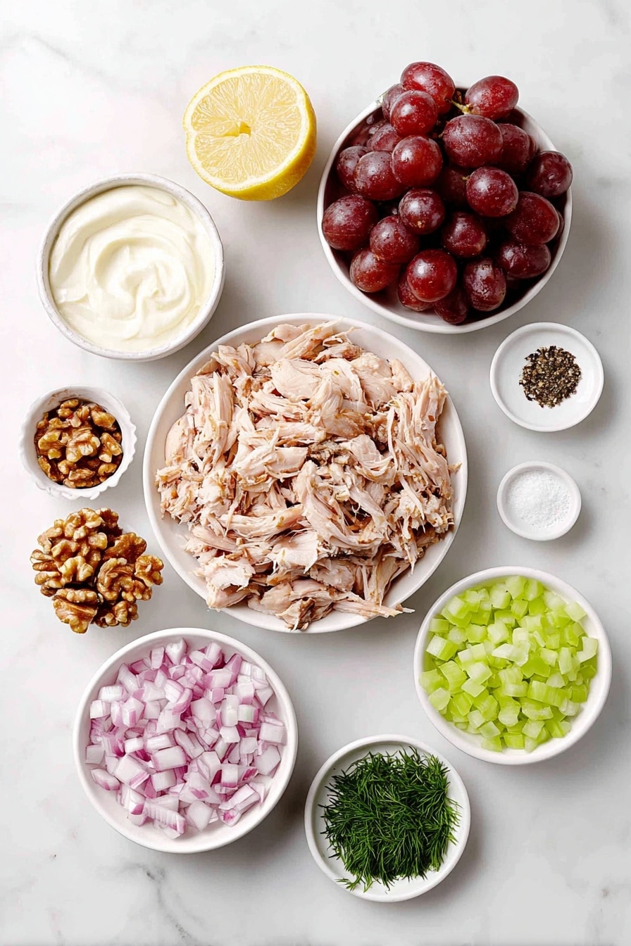 Chicken and Grape Salad Recipe 7 Flat lay of cooked shredded chicken breasts, red seedless grapes halved, chopped celery sticks, finely chopped red onion, chopped walnuts, small white bowl of creamy mayonnaise, small white bowl of fresh lemon juice, small white bowl of finely chopped fresh dill, small white bowl of salt, small white bowl of black pepper, all arranged with perfect symmetry on a clean white marble surface, soft natural light, photo taken with an iPhone, professional food photography style, fresh ingredients, white ceramic bowls, no bottles, no duplicates, no utensils, no packaging --ar 2:3 --v 7 --p m7354615311229779997 - Chicken and Grape Salad, Chicken and Grape Salad Recipe, light chicken salad, healthy fruit salad, quick summer salad