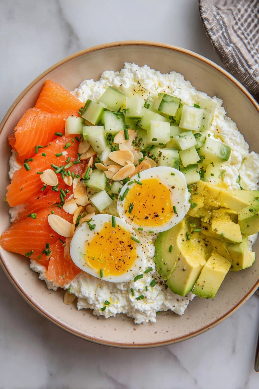 Smoked Salmon and Cottage Cheese Salad Recipe 6 A beige plate holds a colorful dish with four main layers arranged in sections. The bottom layer is white cottage cheese with a lumpy texture covering the base. On top of the cottage cheese, there is bright orange smoked salmon folded neatly on one side. Next to the salmon, in the upper middle part of the plate, are small, light green cucumber cubes mixed with tiny green chives. On the right side, there are sliced avocado pieces showing pale green color with a smooth, creamy texture. In the center, two halves of a boiled egg with bright yellow yolks face up, sprinkled with chopped almonds and green chives. Small drops of olive oil and black pepper are scattered over the dish. The plate sits on a white marbled surface. photo taken with an iphone --ar 2:3 --v 7 - Smoked Salmon and Cottage Cheese Salad, smoked salmon salad, healthy salmon salad, quick seafood salad, easy cottage cheese salad