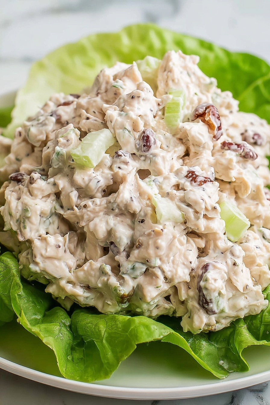 Southern Chicken Salad with Pecans Recipe 8 The dish shows a creamy chicken salad served on a base layer of bright green leafy lettuce. The salad is thick with chunks of soft white chicken mixed with small pieces of light green celery and some small dark brown bits, possibly nuts or bacon. The chicken salad has a pale creamy color with specks of black pepper. All this is placed on a simple white plate against a white marbled texture background. photo taken with an iphone --ar 2:3 --v 7 - Southern Chicken Salad with Pecans, Chicken Salad with Pecans, Easy Southern Chicken Salad, Creamy Pecan Chicken Salad, Nutty Chicken Salad