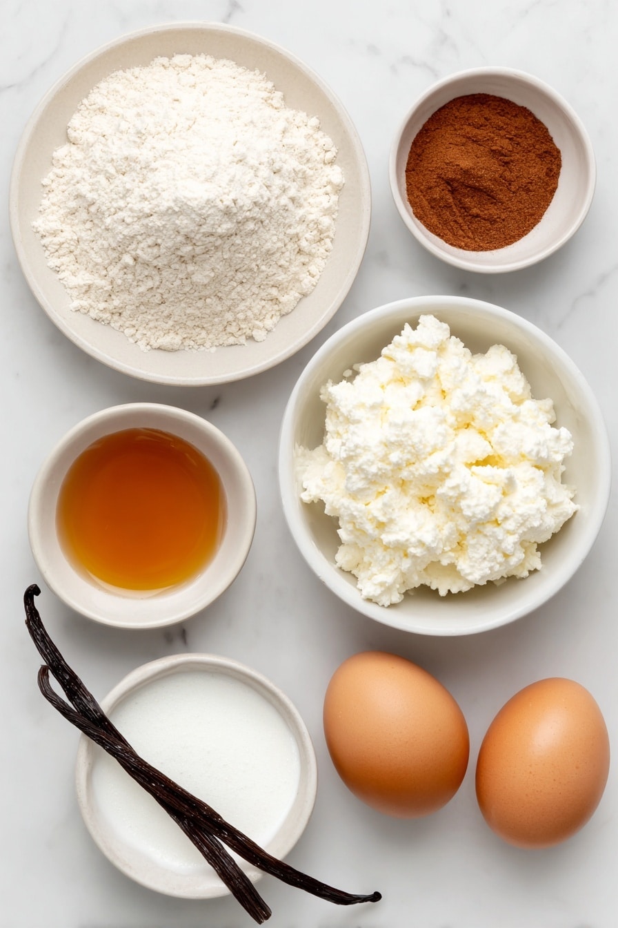 Cottage Cheese Pancakes Recipe 7 Flat lay of a small mound of all-purpose flour on a simple white ceramic plate, a tiny white bowl filled with baking powder, a smaller white bowl containing ground cinnamon, a dollop of fresh white cottage cheese on a plain white ceramic dish, two uncracked large brown eggs placed side by side, a small white bowl holding amber maple syrup, another small white bowl with clear almond milk, and a fresh vanilla bean pod resting alongside them, all arranged symmetrically and naturally, placed on a clean white marble surface, soft natural light, photo taken with an iPhone, professional food photography style, fresh ingredients, white ceramic bowls, no bottles, no duplicates, no utensils, no packaging --ar 2:3 --v 7 --p m7354615311229779997 - Cottage Cheese Pancakes, healthy cottage cheese pancakes, fluffy cottage cheese pancakes, protein-packed breakfast, easy pancake recipes