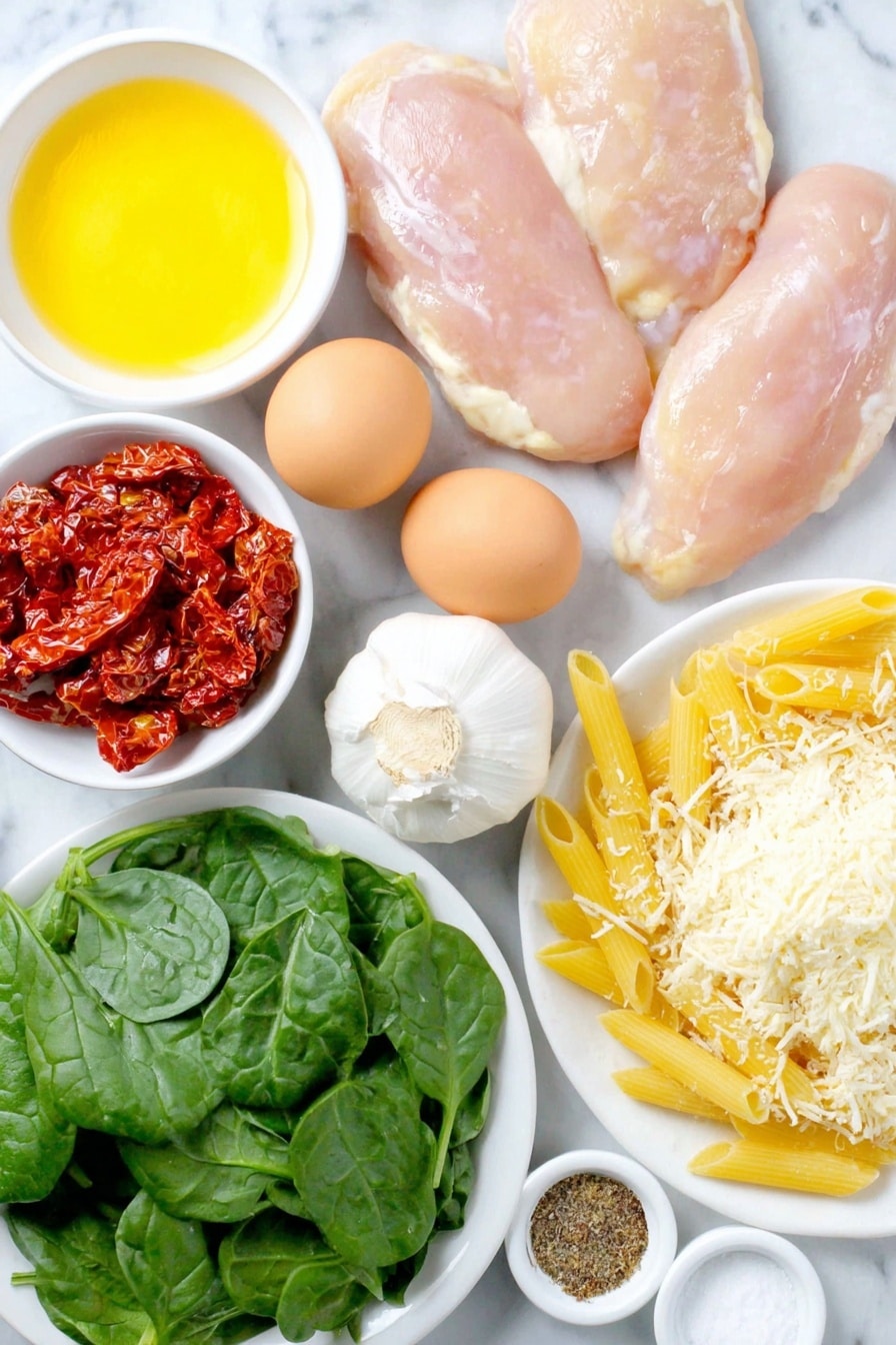 Creamy Tuscan Chicken Pasta Recipe 7 Flat lay of fresh boneless skinless chicken breasts, a small mound of golden olive oil in a white ceramic bowl, a pat of unsalted butter on a white dish, two whole uncracked brown eggs, a few garlic cloves with papery skins, a handful of vibrant baby spinach leaves, sun-dried tomatoes glistening and drained arranged on a white plate, a small white bowl filled with heavy cream, finely grated Parmesan cheese piled neatly on a white plate, uncooked penne pasta scattered elegantly on a simple white ceramic dish, small white bowls holding salt, black pepper, and Italian seasoning powders, all ingredients spaced symmetrically and balanced, placed on a clean white marble surface, soft natural light, photo taken with an iPhone, professional food photography style, fresh ingredients, white ceramic bowls, no bottles, no duplicates, no utensils, no packaging --ar 2:3 --v 7 --p m7354615311229779997 - Creamy Tuscan Chicken Pasta, Tuscan Chicken Pasta, Easy Creamy Chicken Pasta, Homemade Creamy Chicken Pasta, Comfort Food Chicken Pasta