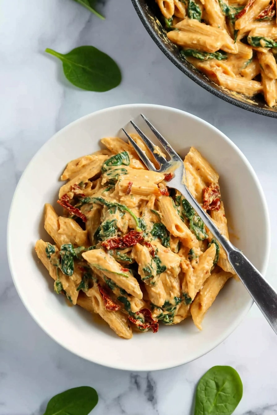 Creamy Tuscan Chicken Pasta Recipe 8 A white round bowl filled with penne pasta coated in a creamy orange sauce, mixed with green spinach leaves and strips of red sun-dried tomatoes, placed on a white marbled surface. A shiny silver fork rests on the right side of the bowl, with the pasta piled in a small mound showing layers of pasta tubes, spinach, and tomato pieces. In the top right corner, part of a black skillet with more of the same pasta dish is visible. A few fresh spinach leaves are scattered on the white marbled surface around the bowl. photo taken with an iphone --ar 2:3 --v 7 - Creamy Tuscan Chicken Pasta, Tuscan Chicken Pasta, Easy Creamy Chicken Pasta, Homemade Creamy Chicken Pasta, Comfort Food Chicken Pasta
