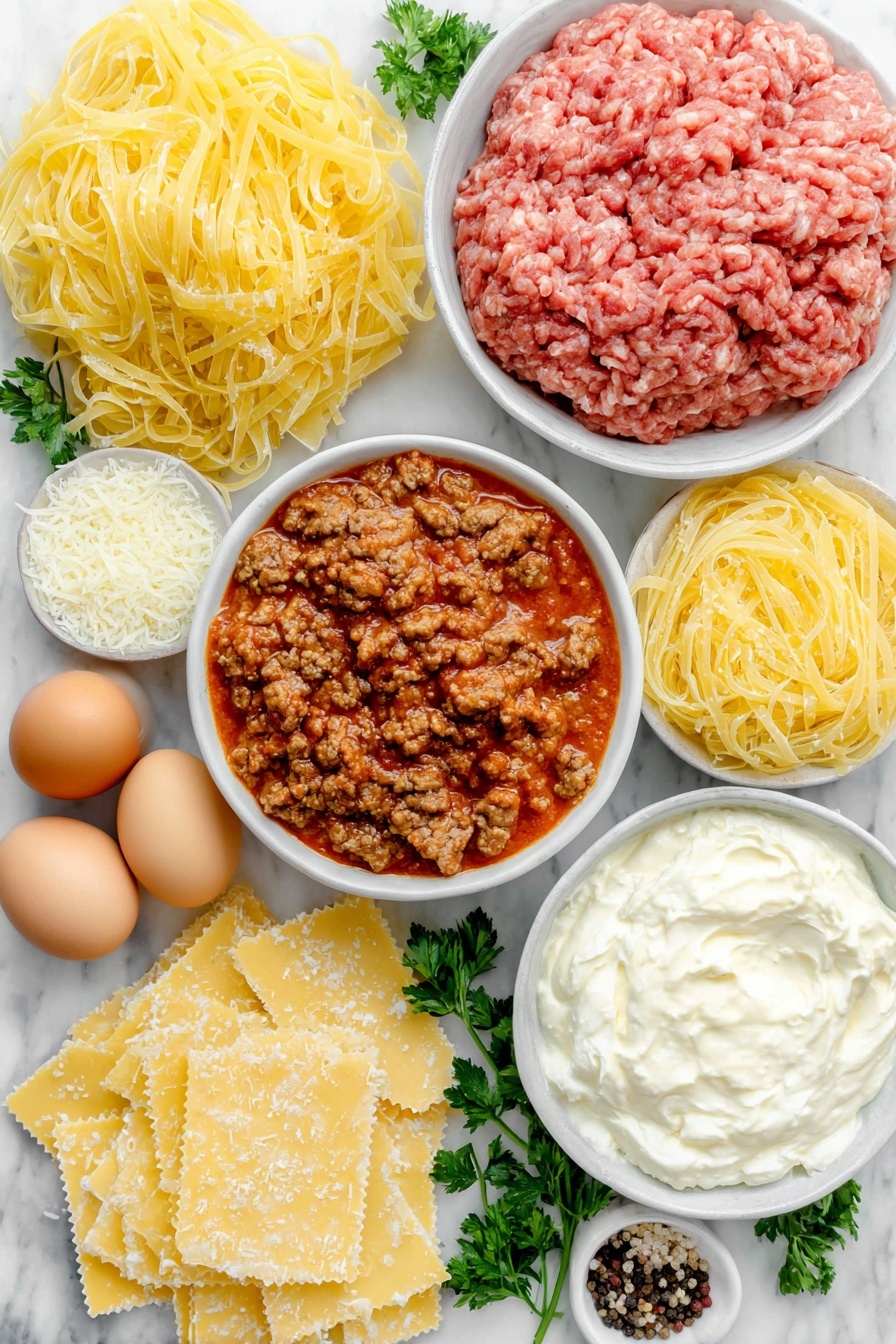 Easy No-Boil Lasagna Recipe 7 Flat lay of raw ground beef and sweet Italian sausage, a small mound of minced fresh garlic, a simple white ceramic bowl filled with rich red spaghetti sauce, a white bowl holding creamy ricotta cheese, a white bowl with shredded mozzarella cheese, two whole uncracked brown eggs, a white bowl with grated Parmesan cheese, a few sprigs of fresh parsley, a pinch of salt crystals and black peppercorns scattered neatly, uncooked rectangular lasagna noodles arranged in a neat stack, a white bowl with clear water, all ingredients placed with perfect symmetry on a clean white marble surface, soft natural light, photo taken with an iPhone, professional food photography style, fresh ingredients, white ceramic bowls, no bottles, no duplicates, no utensils, no packaging --ar 2:3 --v 7 --p m7354615311229779997 - Easy No-Boil Lasagna, no-boil lasagna recipe, quick lasagna dinner, effortless lasagna, cheesy baked lasagna