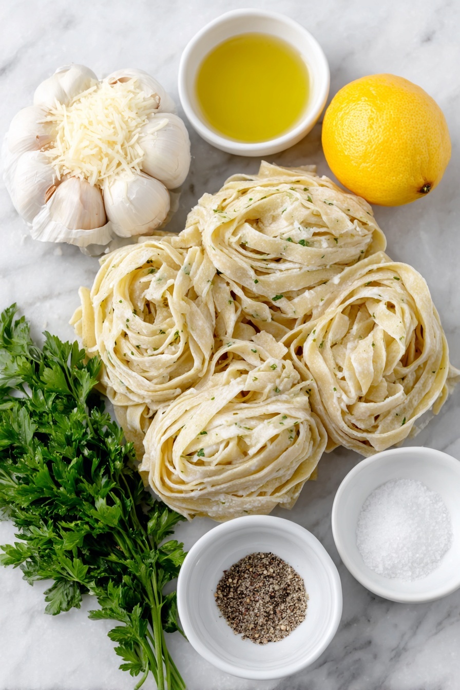 Creamy Lemon Pasta Recipe 7 Flat lay of a small nest of fresh pappardelle pasta, three whole uncracked garlic cloves, a few sprigs of fresh chopped parsley, two whole bright yellow lemons with one cut in half revealing juicy flesh, a small mound of finely shredded Parmesan cheese, a small white ceramic bowl with golden olive oil, a small white ceramic bowl with creamy yellow butter, a small white ceramic bowl filled with thick heavy cream, a small white ceramic bowl of kosher salt, a small white ceramic bowl of freshly cracked black pepper placed on a clean white marble surface, soft natural light, photo taken with an iPhone, professional food photography style, fresh ingredients, white ceramic bowls, no bottles, no duplicates, no utensils, no packaging --ar 2:3 --v 7 --p m7354615311229779997 - Creamy Lemon Pasta, Lemon Pasta, Easy Lemon Pasta, Bright Pasta Dish, Quick Pasta Recipes