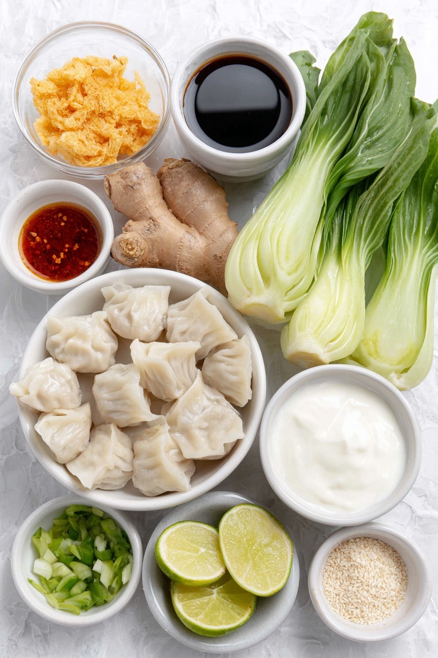 Thai Red Curry Dumpling Bake Recipe 7 Flat lay of a small white bowl of creamy coconut milk, a small white bowl with bright red Thai curry paste, three peeled garlic cloves, a piece of fresh ginger root with light brown skin, a small white bowl of dark soy sauce, a small white bowl of amber fish sauce, a small white bowl of golden brown sugar crystals, a small white bowl of glossy sesame oil, fresh green bok choy leaves chopped into bite-sized pieces, a neat row of plump frozen dumplings with pale dough, a small white bowl of finely chopped bright green cilantro, a small white bowl of sliced green onions, a small white bowl of ivory sesame seeds, a small white bowl of vibrant red chili crisp, two fresh lime wedges with bright green rinds and juicy flesh, all arranged in perfect symmetry on simple white ceramic bowls placed on a clean white marble surface, soft natural light, photo taken with an iPhone, professional food photography style, fresh ingredients, white ceramic bowls, no bottles, no duplicates, no utensils, no packaging --ar 2:3 --v 7 --p m7354615311229779997 - Thai Red Curry Dumpling Bake, Thai Red Curry recipe, quick Thai dinner, flavorful stew bake, easy Asian dumpling dish