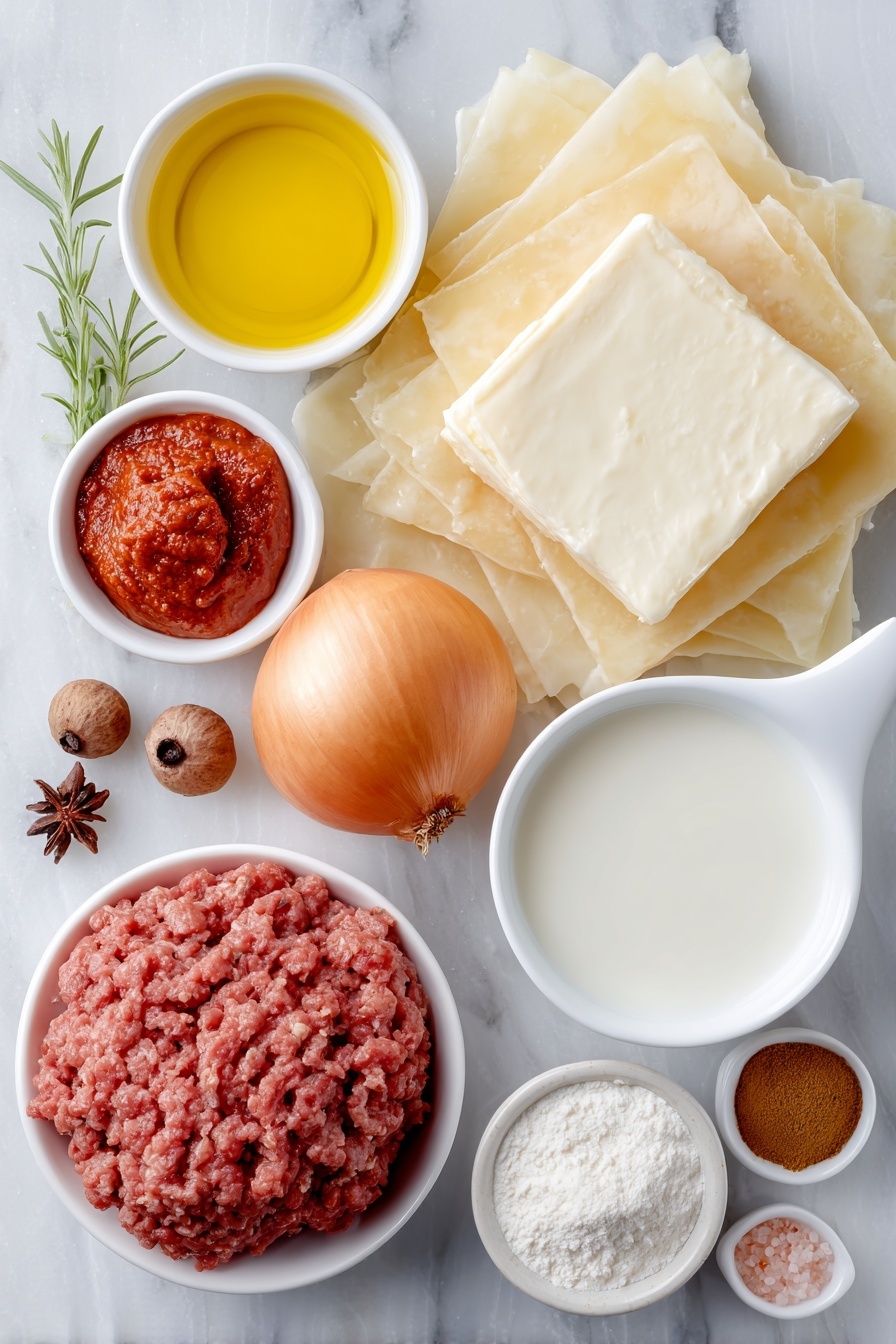 Egyptian Phyllo Meat Pie Recipe 7 Flat lay of a small white ceramic bowl of olive oil, a small white ceramic bowl of melted golden ghee, a small white ceramic bowl of bright red tomato paste, one medium peeled and whole small onion, a mound of fresh lean ground beef, a few whole warm brown allspice berries scattered beside, a small heap of ground black pepper, a small pile of coarse pink salt crystals, a small cluster of ground cinnamon powder, a small dish of ground ginger powder, a smooth white ceramic bowl of fresh milk, one whole large egg with a clean shell, several delicate, thin sheets of pale beige phyllo dough neatly stacked, placed on a clean white marble surface, soft natural light, photo taken with an iPhone, professional food photography style, fresh ingredients, white ceramic bowls, no bottles, no duplicates, no utensils, no packaging --ar 2:3 --v 7 --p m7354615311229779997 - Egyptian Phyllo Meat Pie, Egyptian meat pie, Middle Eastern meat pie, flaky phyllo savory pie, Egyptian savory pastry